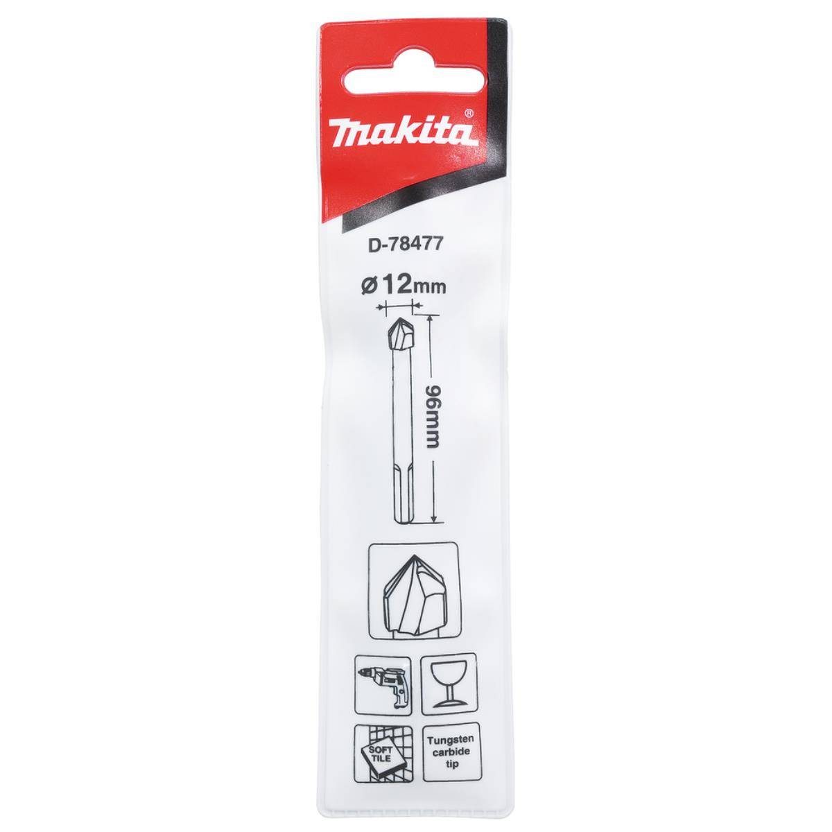 Makita D-78477 12 mm Hartmetallbohrer in Einzelhandelsverpackung, gezeigt mit 96 mm Länge und Fliesen-/Keramik-Bohrer-Symbolen.