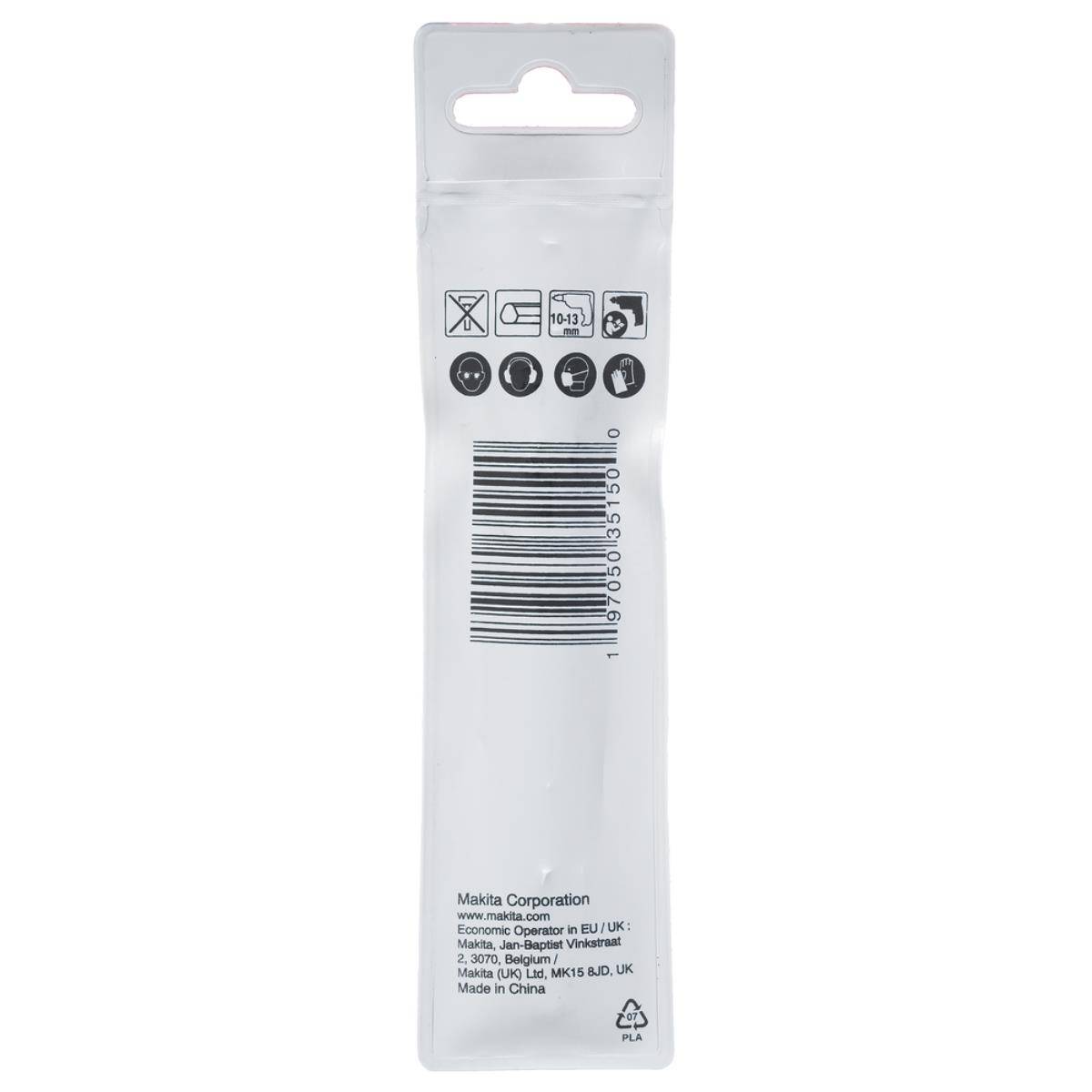 Rückansicht einer weißen verpackten Produkthülle mit Aufhängelaschen, Handhabungssymbolen, Barcode und kleinem Herstellertext.