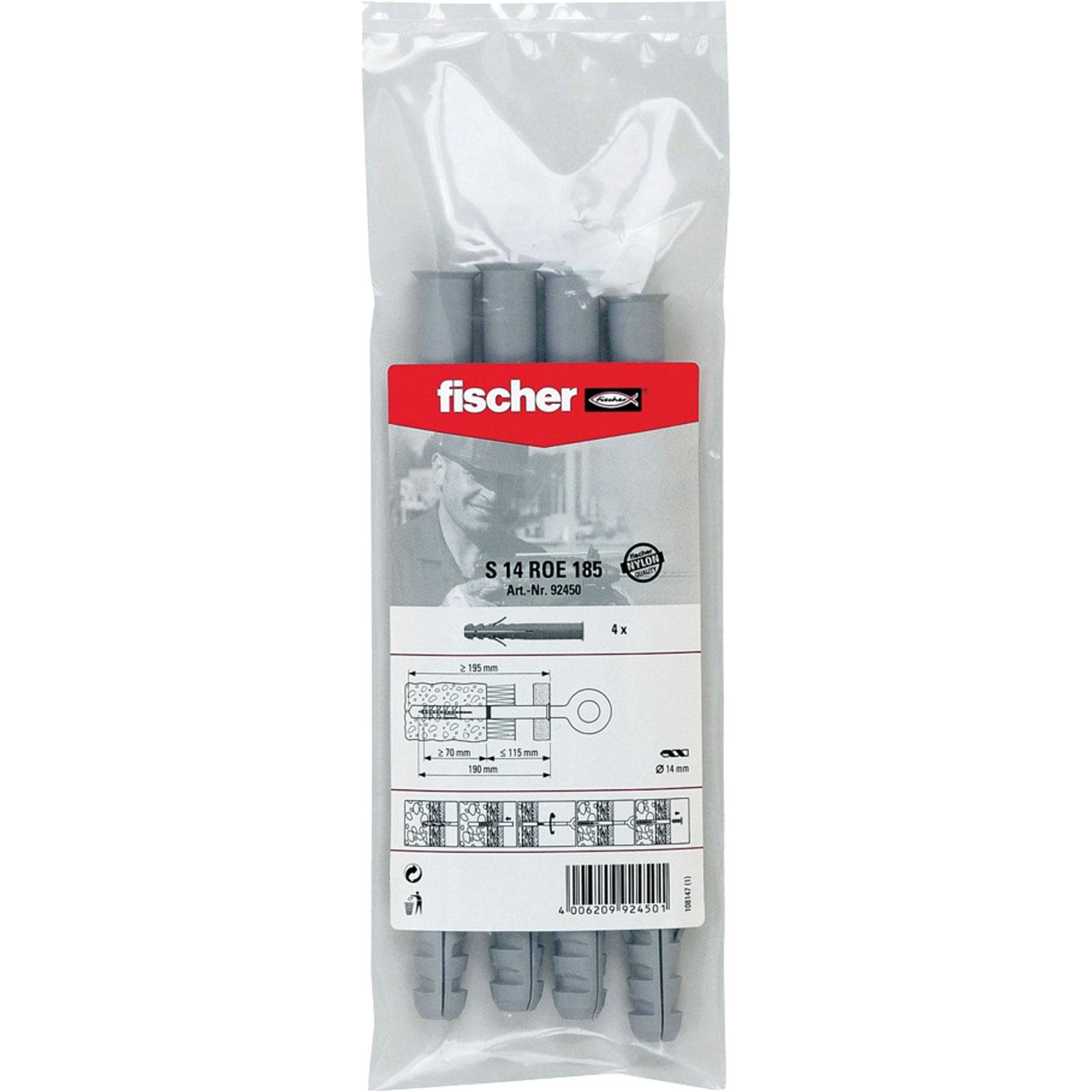 Fischer S-14 ROE 185 Dübel aus Kunststoff, verpackt in einem durchsichtigen Plastikbeutel. Enthält technische Spezifikationen und vier Dübel.