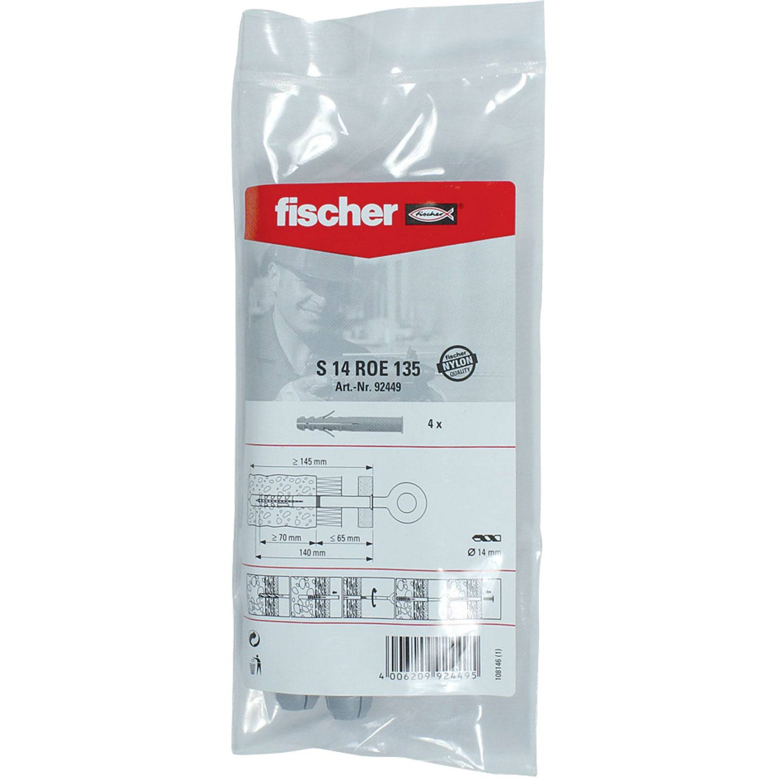 Paket mit vier Fischer S 14 ROE 135 Wandankern, geeignet für Trockenbau, mit Produktschema und Spezifikationen auf der Verpackung.