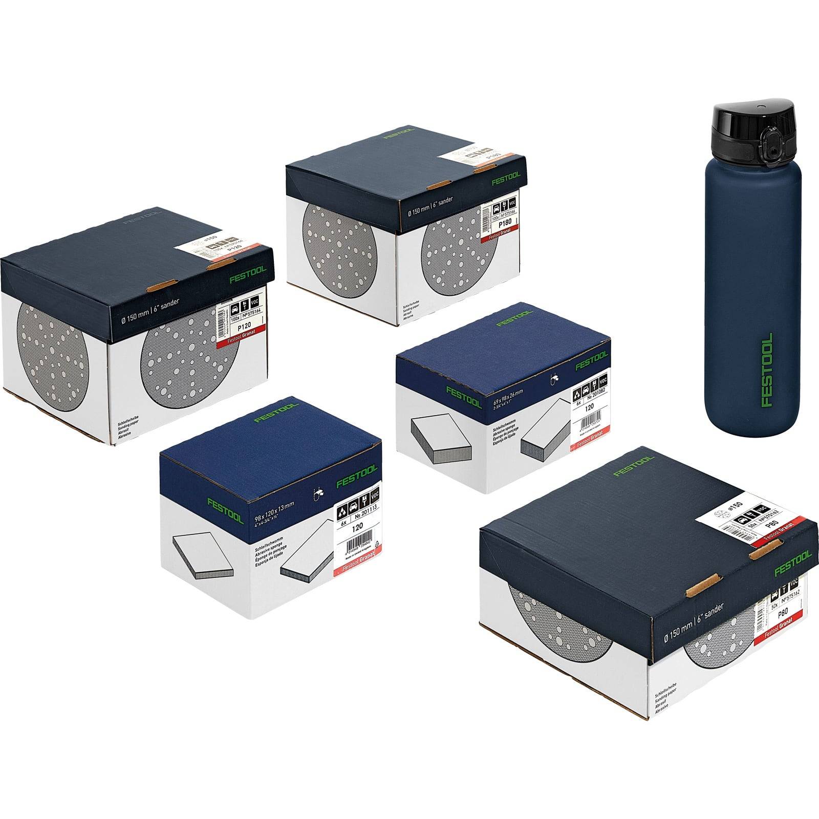 „Eine Präsentation von fünf Festool-Produktkartons und einer blauen Wasserflasche, die eine Vielzahl von Artikeln der Marke zeigt.