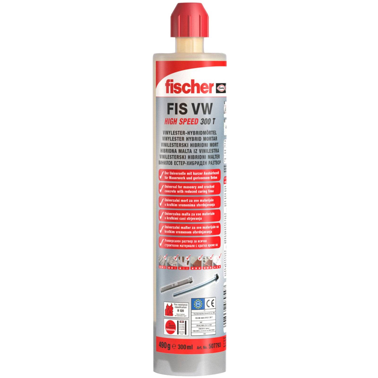 Fischer FIS VW High Speed 300 T, eine rote und weiße Tube mit vielseitigem Hybridmörtel zum Verankern und Befestigen, mit mehrsprachigen Anweisungen.