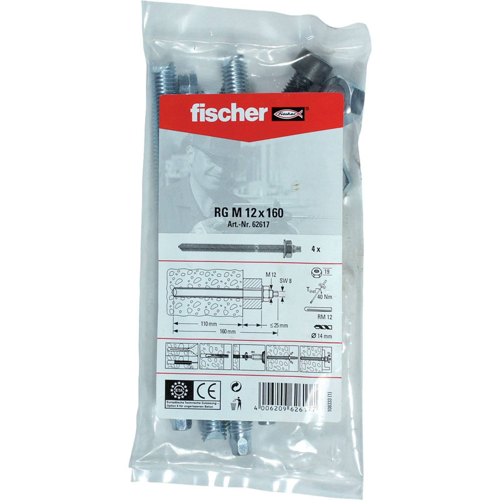 Paket mit Fischer RG M 12x160 Betonanker, einschließlich vier Stück. Enthält Diagramm und Spezifikationen für sichere Installation.