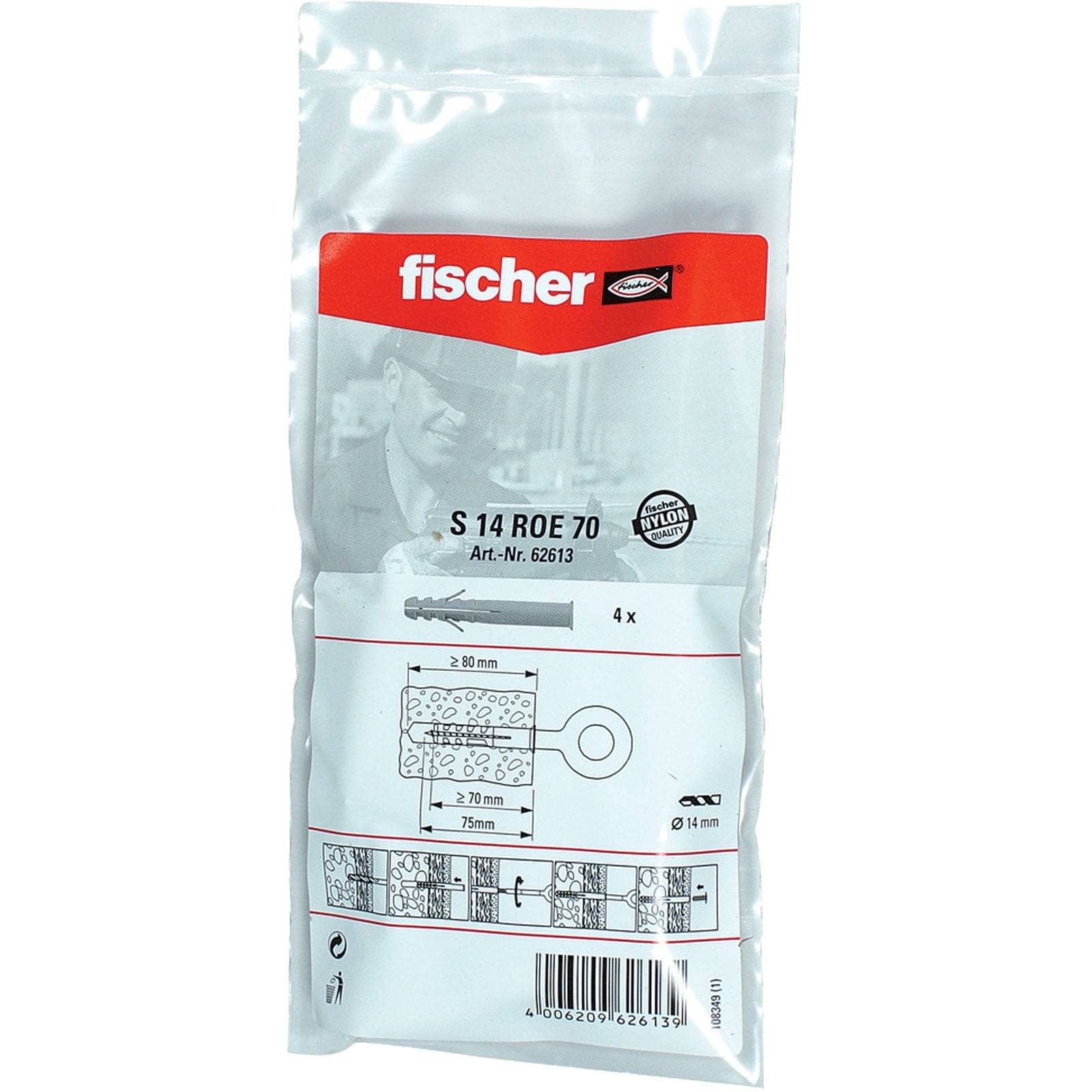 Paket von Fischer S 14 ROE 70 Wanddübeln mit Darstellung des Installationsprozesses und der Spezifikationen.