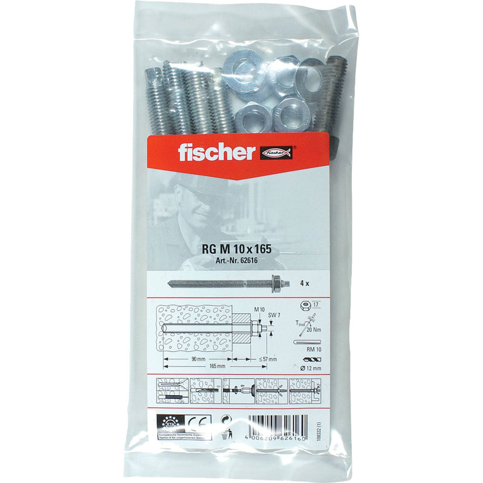 Paket von Fischer RG M 10 x 165 Gewindeankern mit Muttern, Einlage mit Installationsdiagramm und Verwendungsspezifikationen für den Einsatz in Beton.