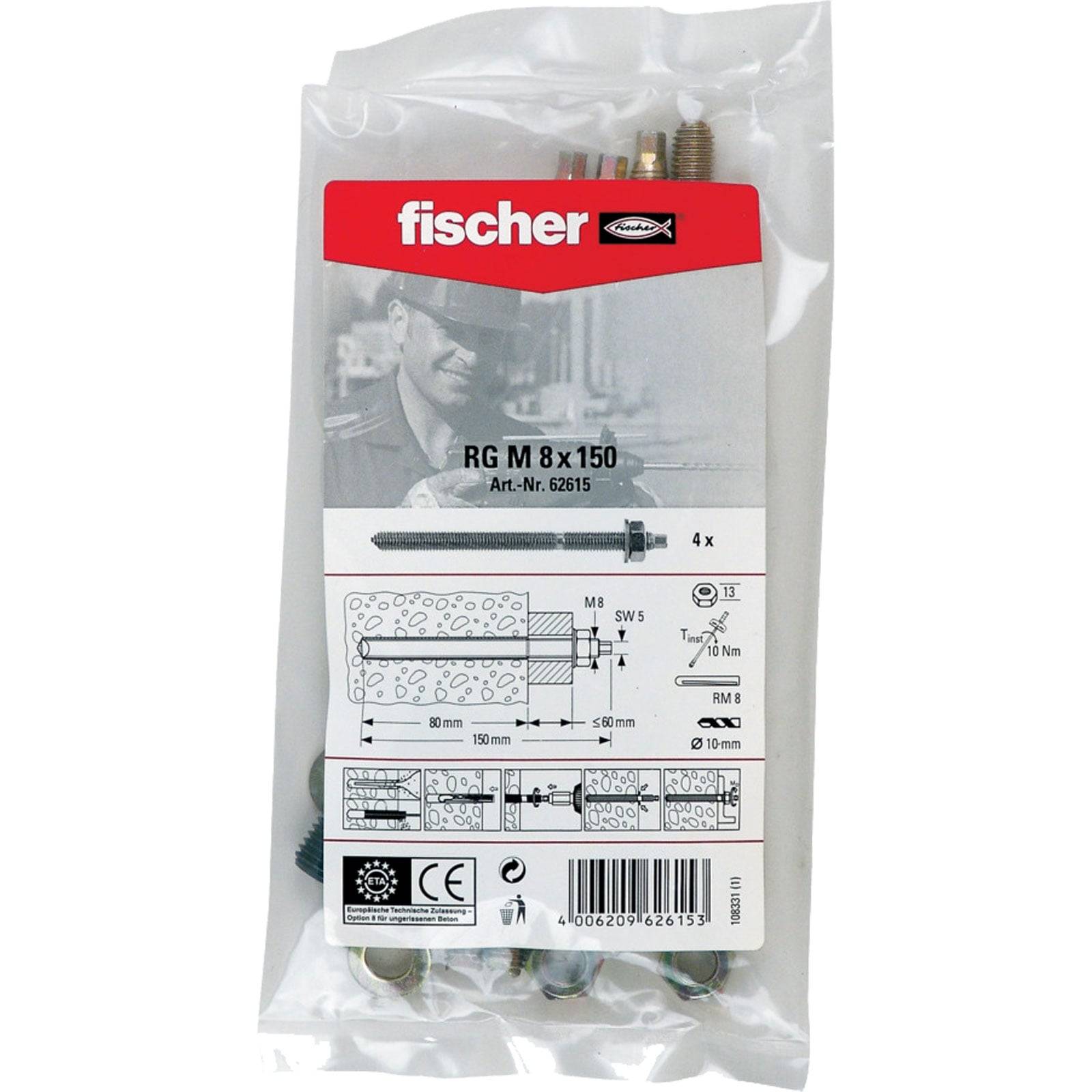 Plastikverpackung mit vier Fischer RG M 8x150 Ankern. Enthält technische Illustrationen und Spezifikationen wie Abmessungen und Gebrauchsanweisungen.