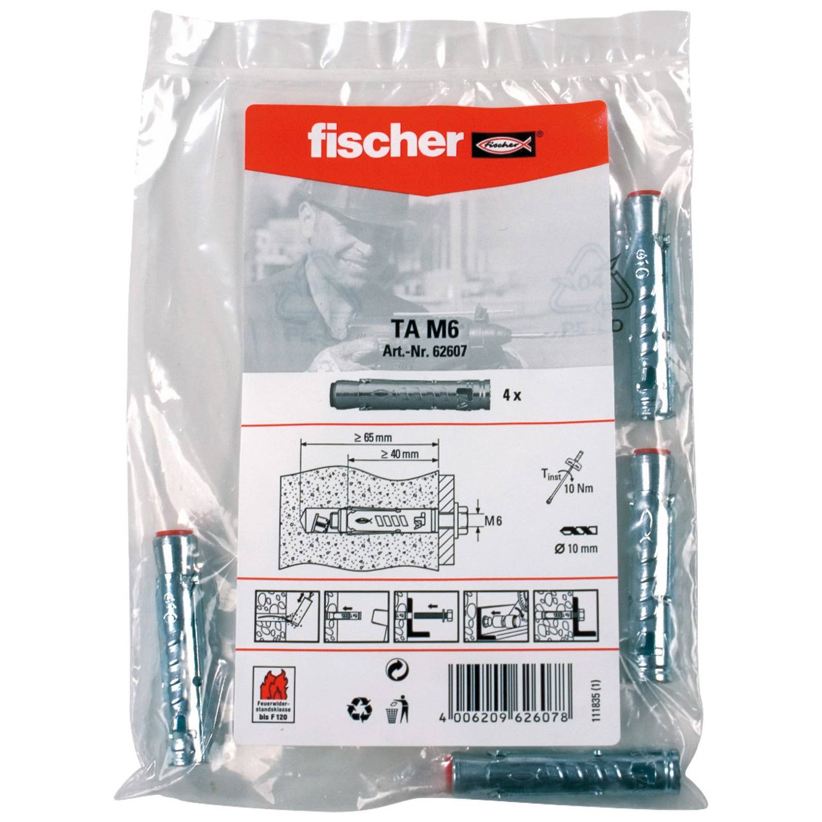 Fischer TA M6 Ankerverpackung, enthält 4 Metalldübel für sichere Wandmontage, zeigt Installationsanleitung und Abmessungen.
