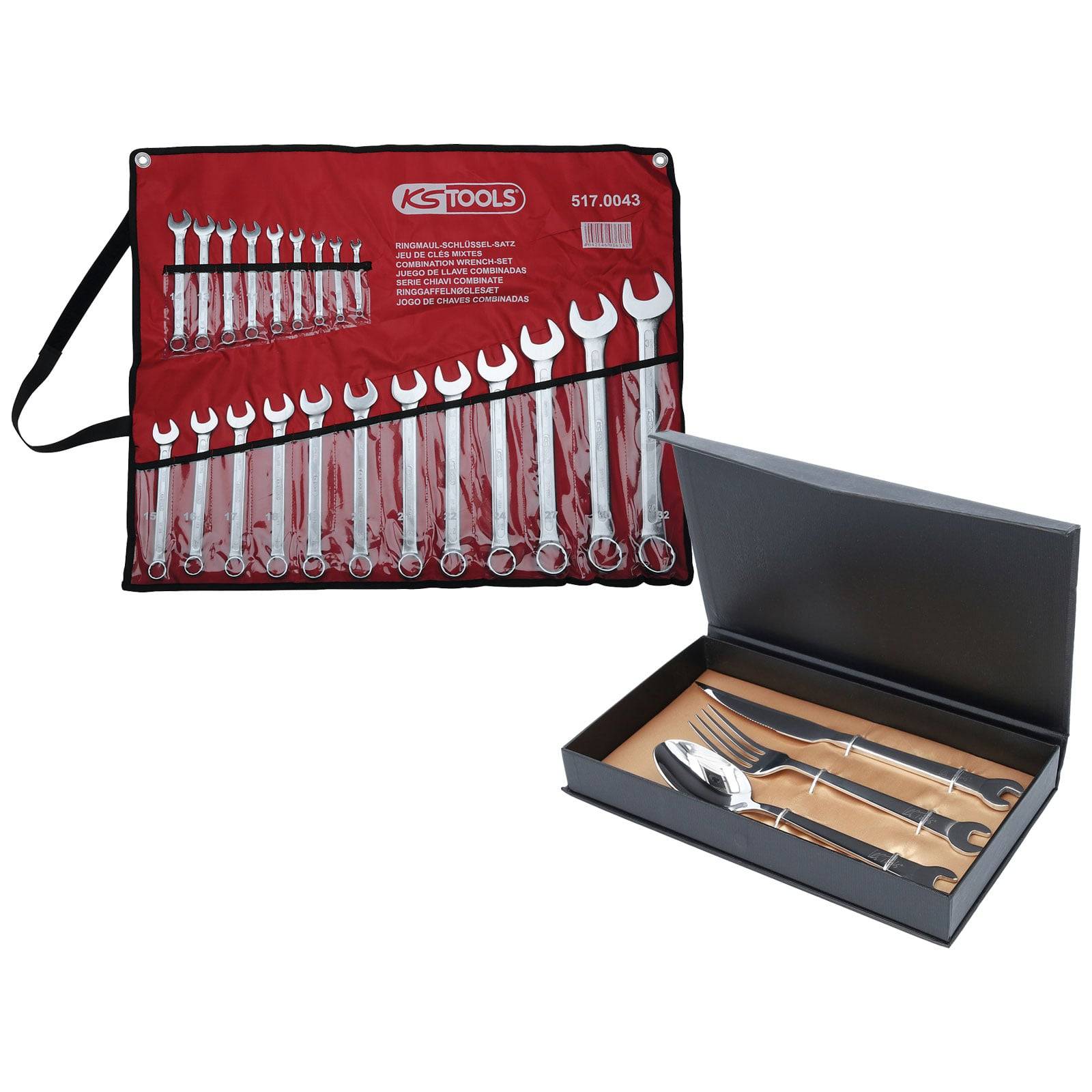Eine Rolltasche mit verschiedenen Schraubenschlüsseln über einer schwarzen Box, die ein Besteck-Set mit Messer, Gabel und Löffel enthält.