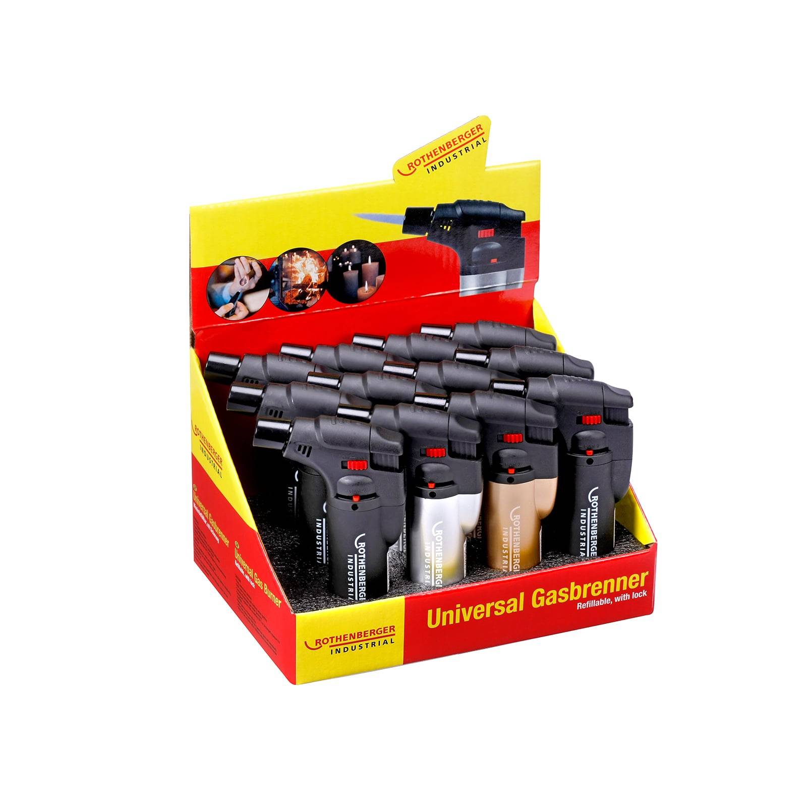 Anzeige von schwarzen und silbernen 'Universal Gasbrenner' Lötlampen. Die Verpackung hebt deren Verwendung für industrielle Anwendungen hervor.