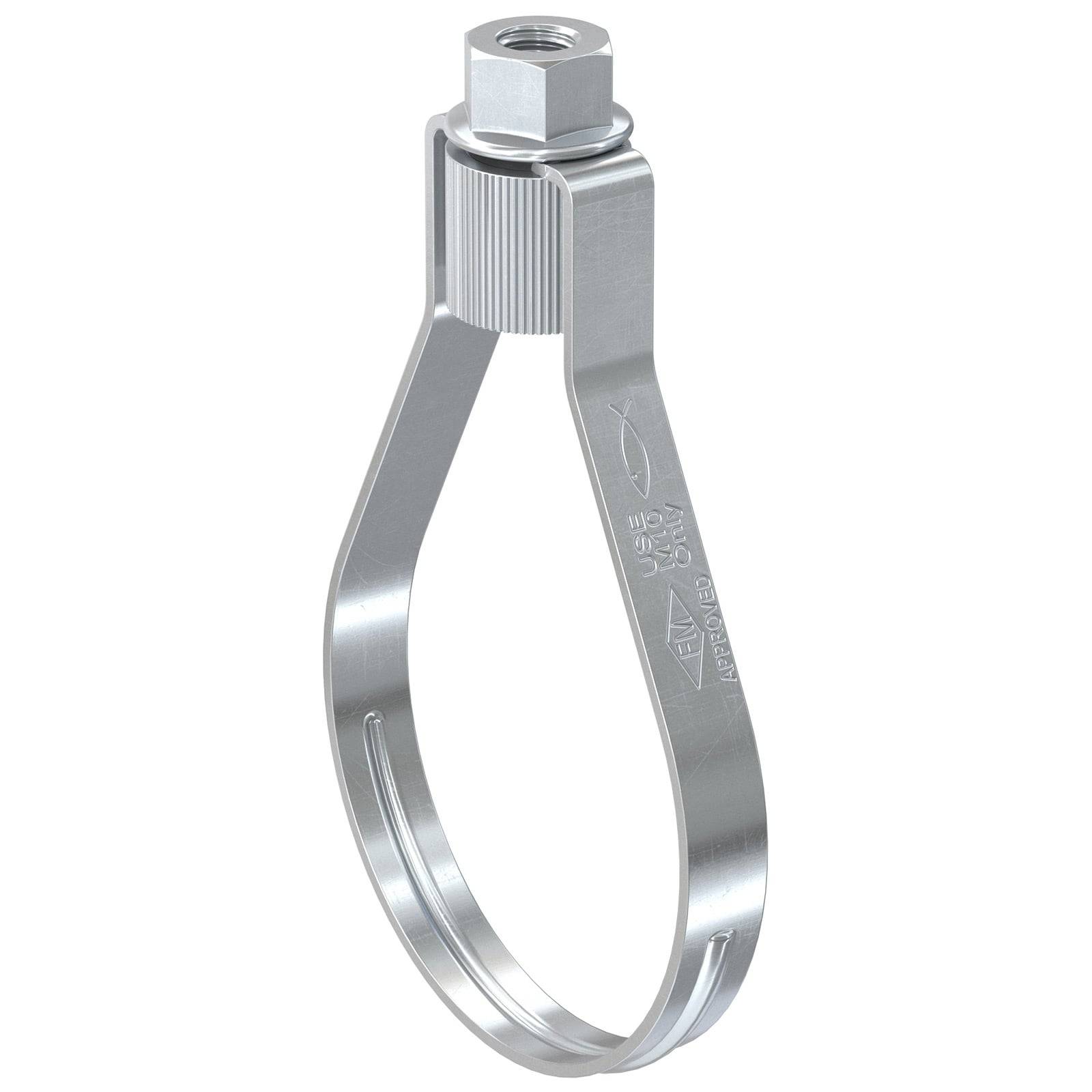 Eine Metallrohrhalterung mit einer abgerundeten Schlinge und einer Schraubenbefestigung oben, konzipiert zum Sichern von Rohren oder Leitungen, in silberner Ausführung dargestellt.