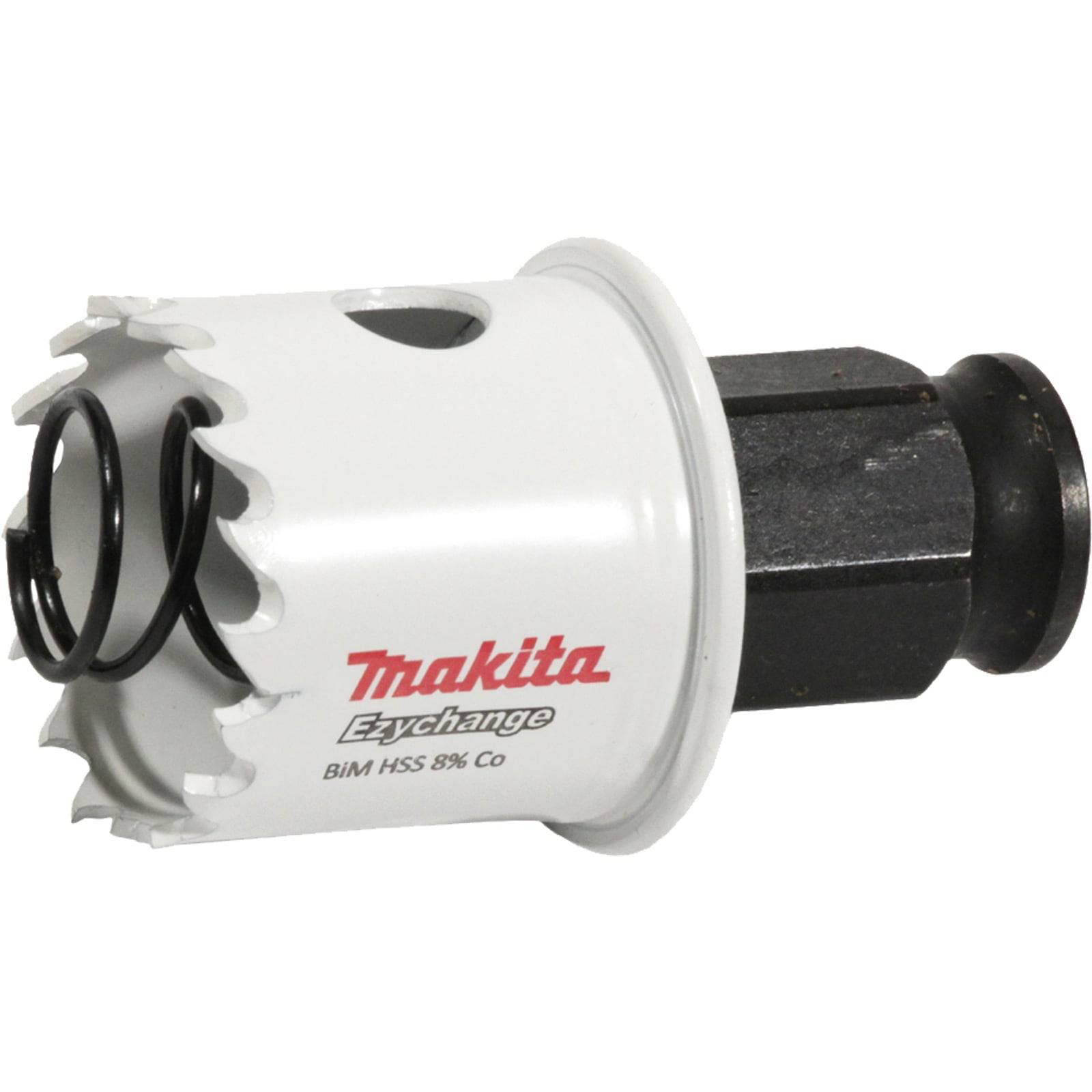 Ein weißer Makita BiM HSS 8% Co Lochsägeaufsatz mit schwarzem Schaft, entwickelt zum präzisen Schneiden von kreisrunden Löchern in verschiedenen Materialien.
