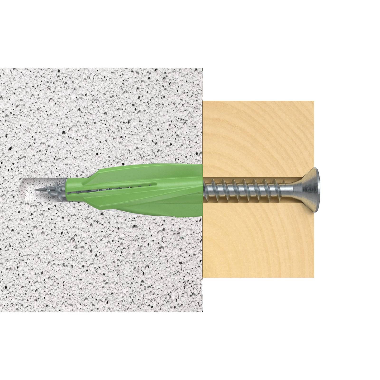 Eine Darstellung, die einen grünen Kunststoff-Dübel zeigt, der in eine Betonoberfläche eingesetzt ist, mit einer Metallschraube, die durch ihn hindurch in einen Holzblock reicht.