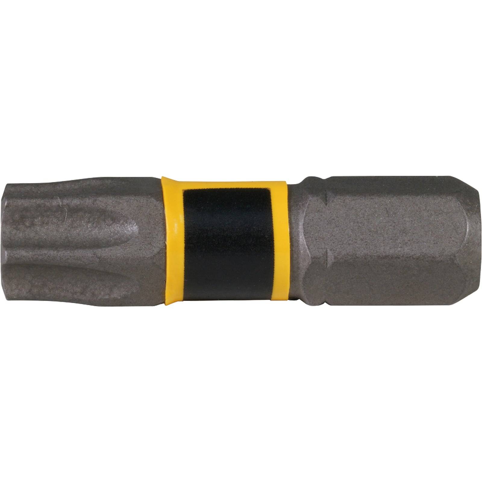 Ein Metallwerkzeug-Bit mit einer sechseckigen Form, das in der Mitte einen gelb-schwarzen Streifen aufweist und zum Eindrehen von Schrauben oder Bolzen verwendet wird.