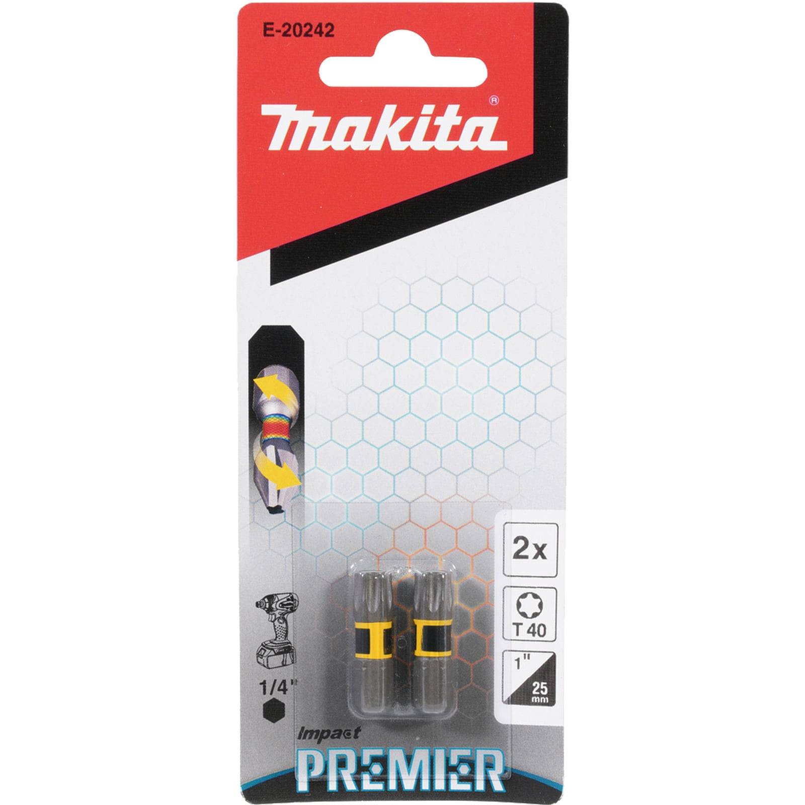 Makita Premier Impact Bit Set, Modell E-20242, enthält 2 T40-Bits, 25 mm Länge, 1/4" Sechskantschaft, entwickelt für präzises Befestigen.
