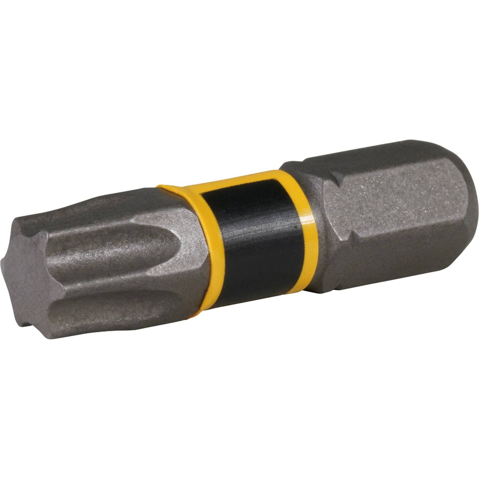 Ein Torx-Schraubenbit mit einem gelb-schwarzen Band in der Nähe der sechseckigen Basis, verwendet zum Eindrehen von Schrauben mit sternförmigen Vertiefungen.