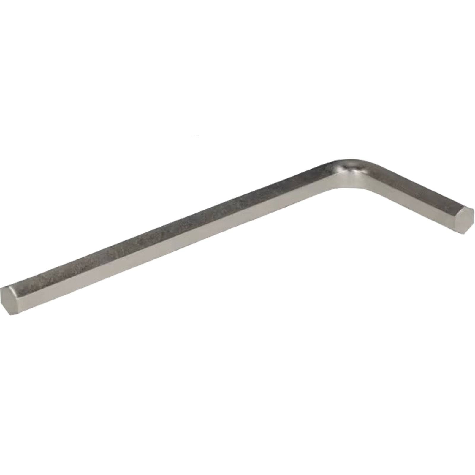 Ein silberner L-förmiger Sechskantschlüssel, der üblicherweise zum Anziehen oder Lösen von Schrauben mit sechseckigen Aufnahmen verwendet wird.