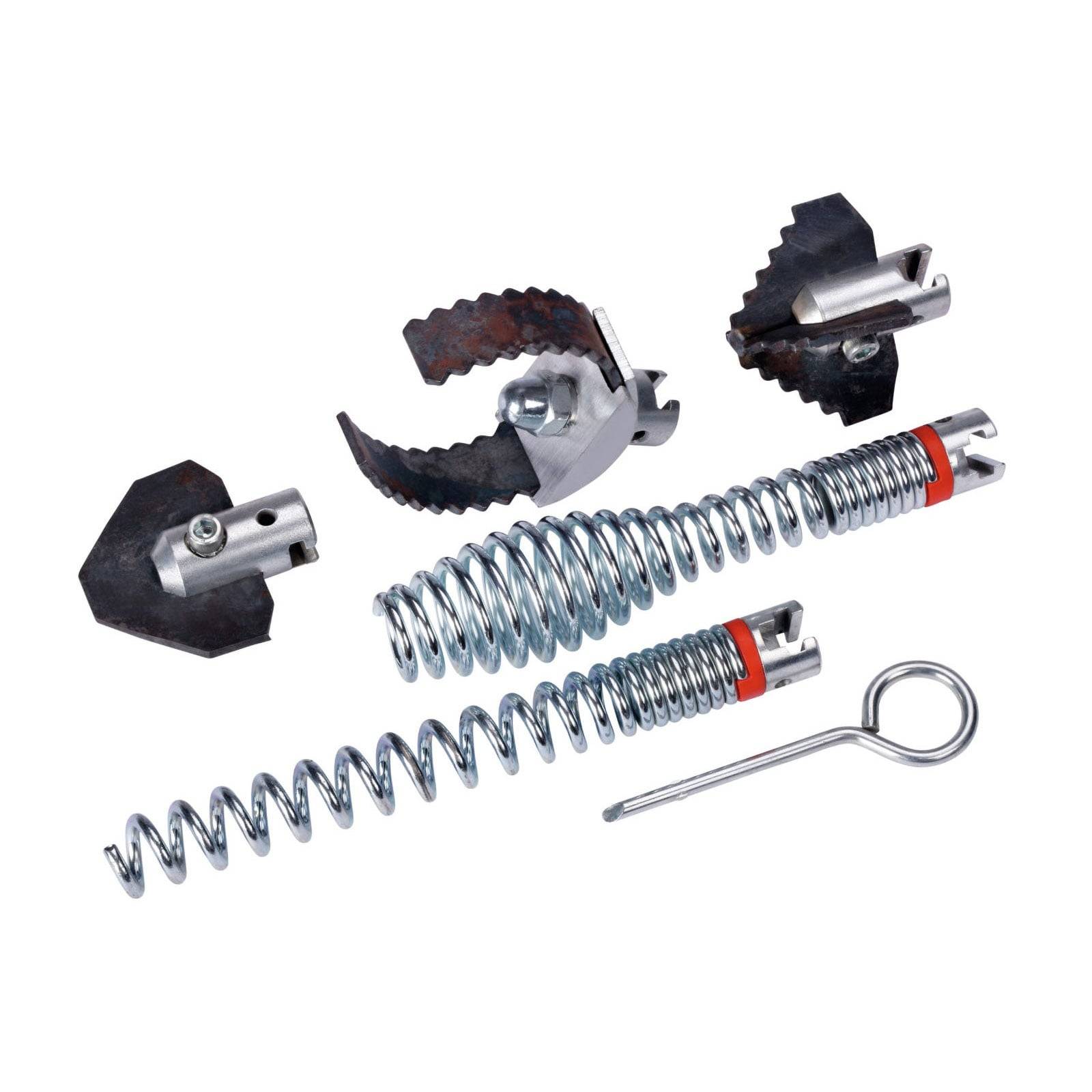 Amtool handbetriebene Schlangenkabel-Rohrreiniger mit verschiedenen Schneidanbindungen wie Spiralblättern und Federn für die Sanitärinstallation.