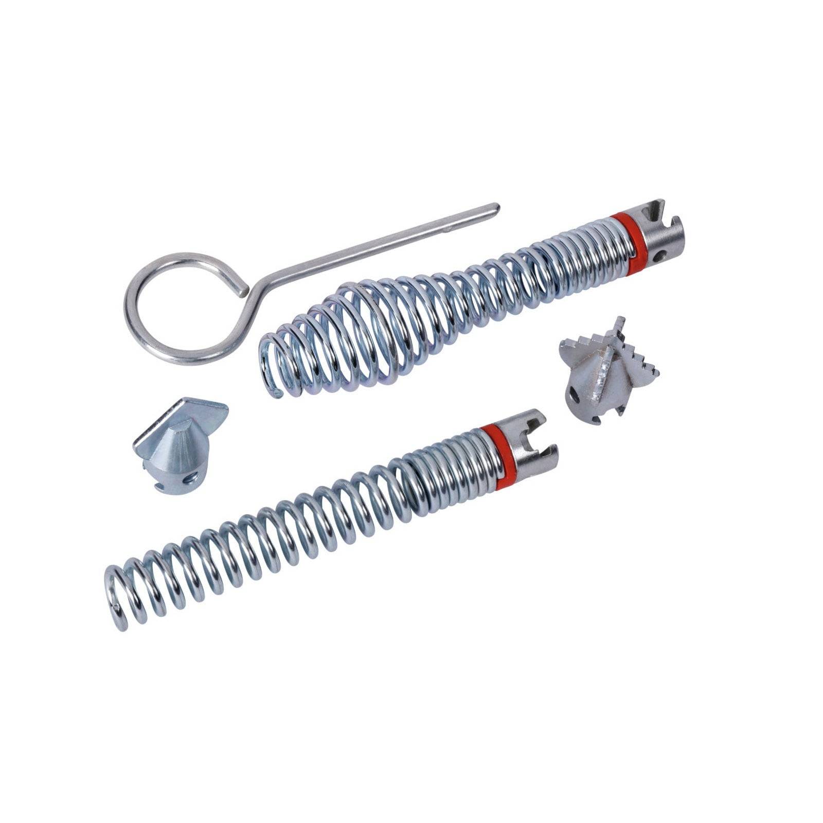 Ein Satz Chrom-Grillzubehör, bestehend aus zwei Federscharnieren, einem Griff und zwei dreieckigen Komponenten, zur Montage eines Grilldeckels.