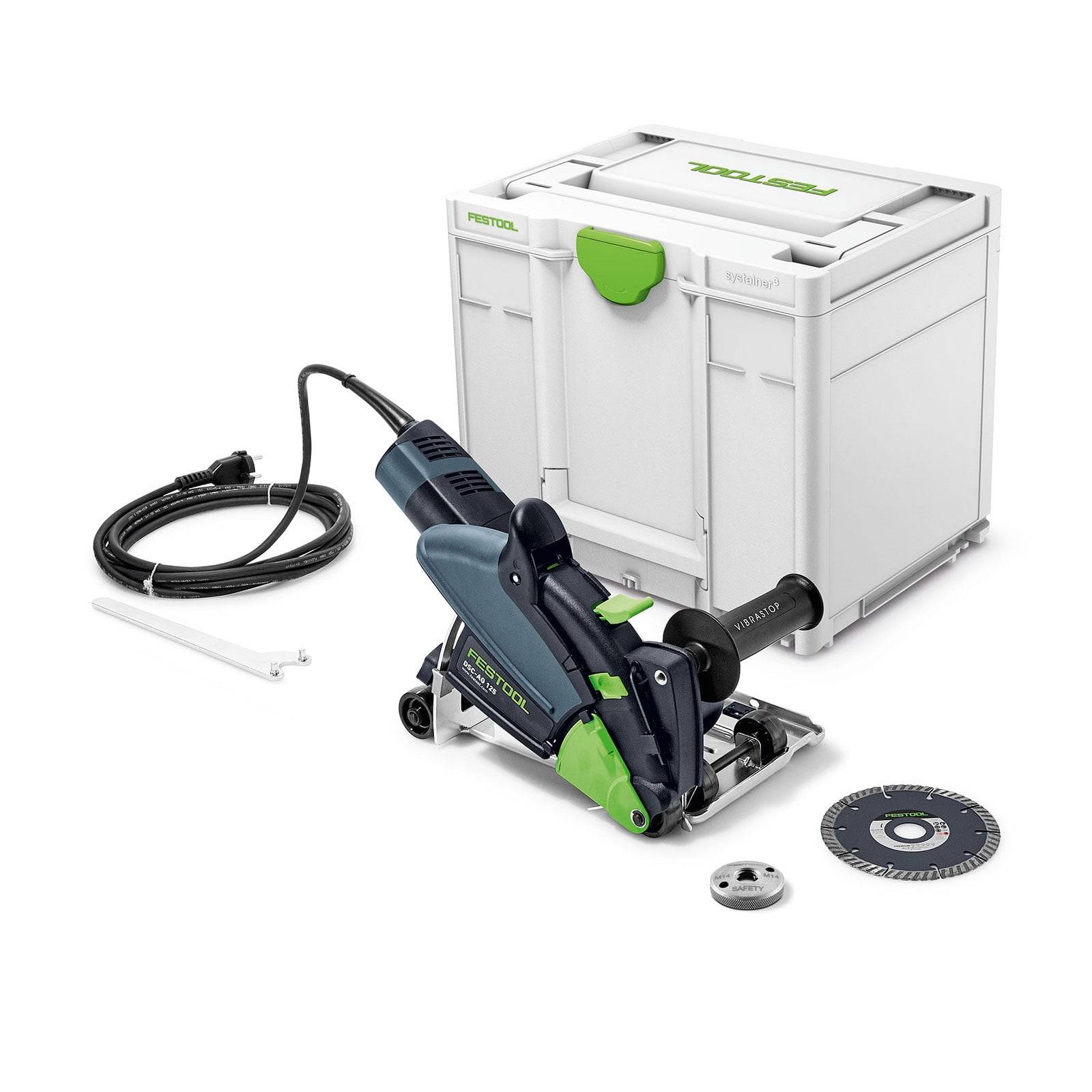 „Ein Festool Kettennuter-Werkzeugsatz mit Transportkoffer, Netzkabel und verschiedenen Anbauteilen, die vor einem weißen Hintergrund ausgestellt sind.