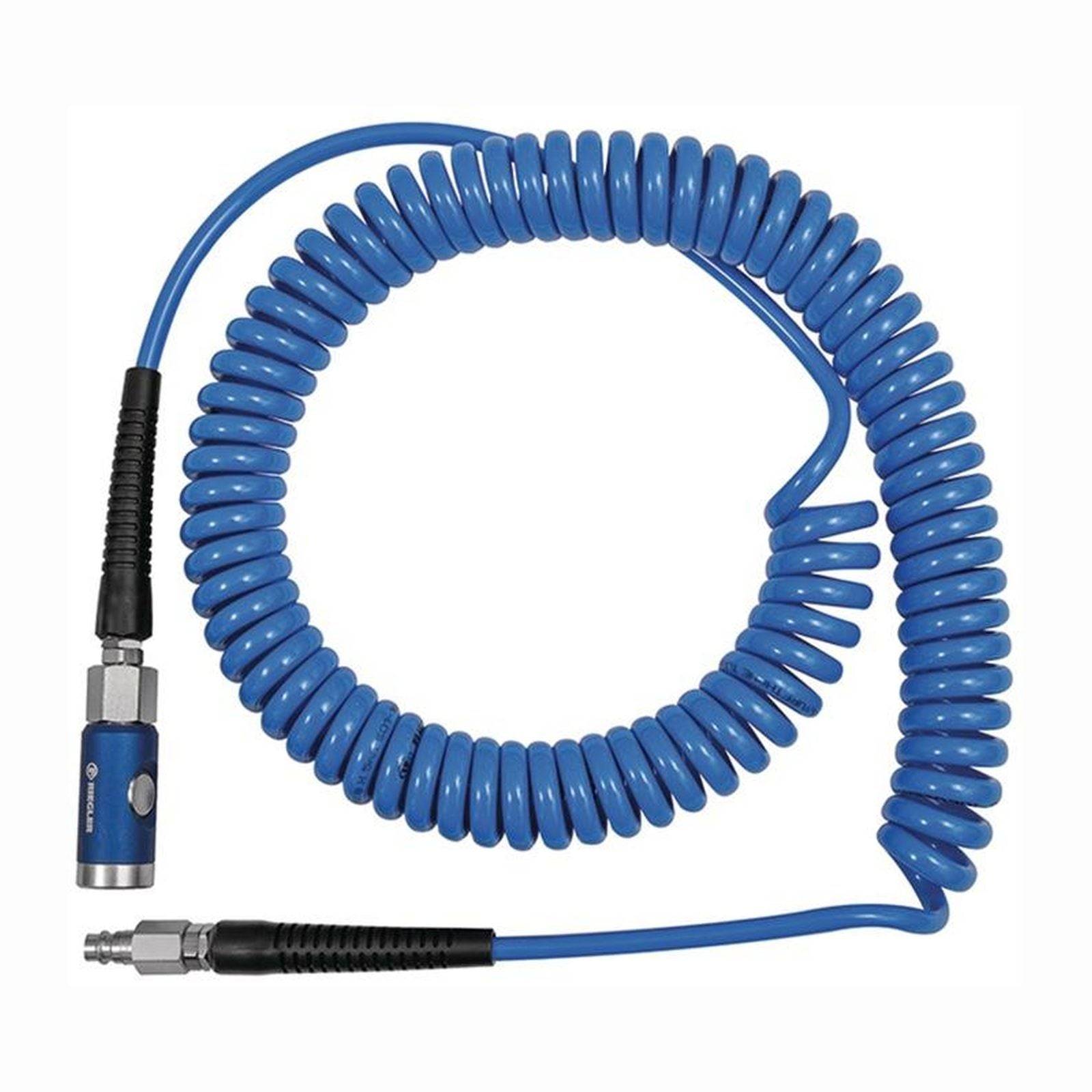 Ein aufgewickelter blauer Druckluftschlauch mit Metallverbindern an beiden Enden, der für pneumatische Werkzeuge oder Kompressoren verwendet wird.