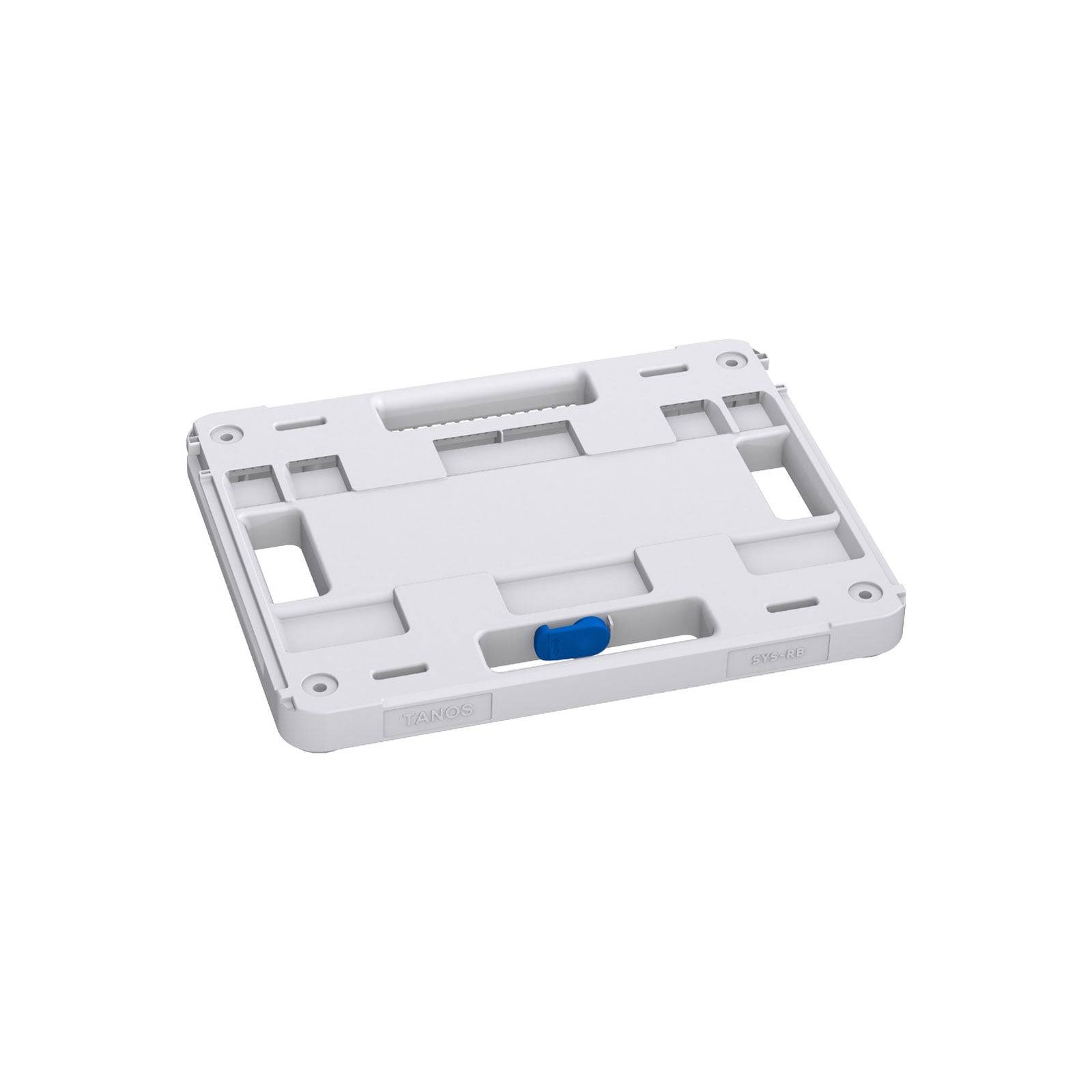 Eine weiße Kunststoffhülle mit rechteckigen Aussparungen und einem blauen Schieberegler. Sie wirkt kompakt und für eine sichere Aufbewahrung oder Organisation konzipiert.