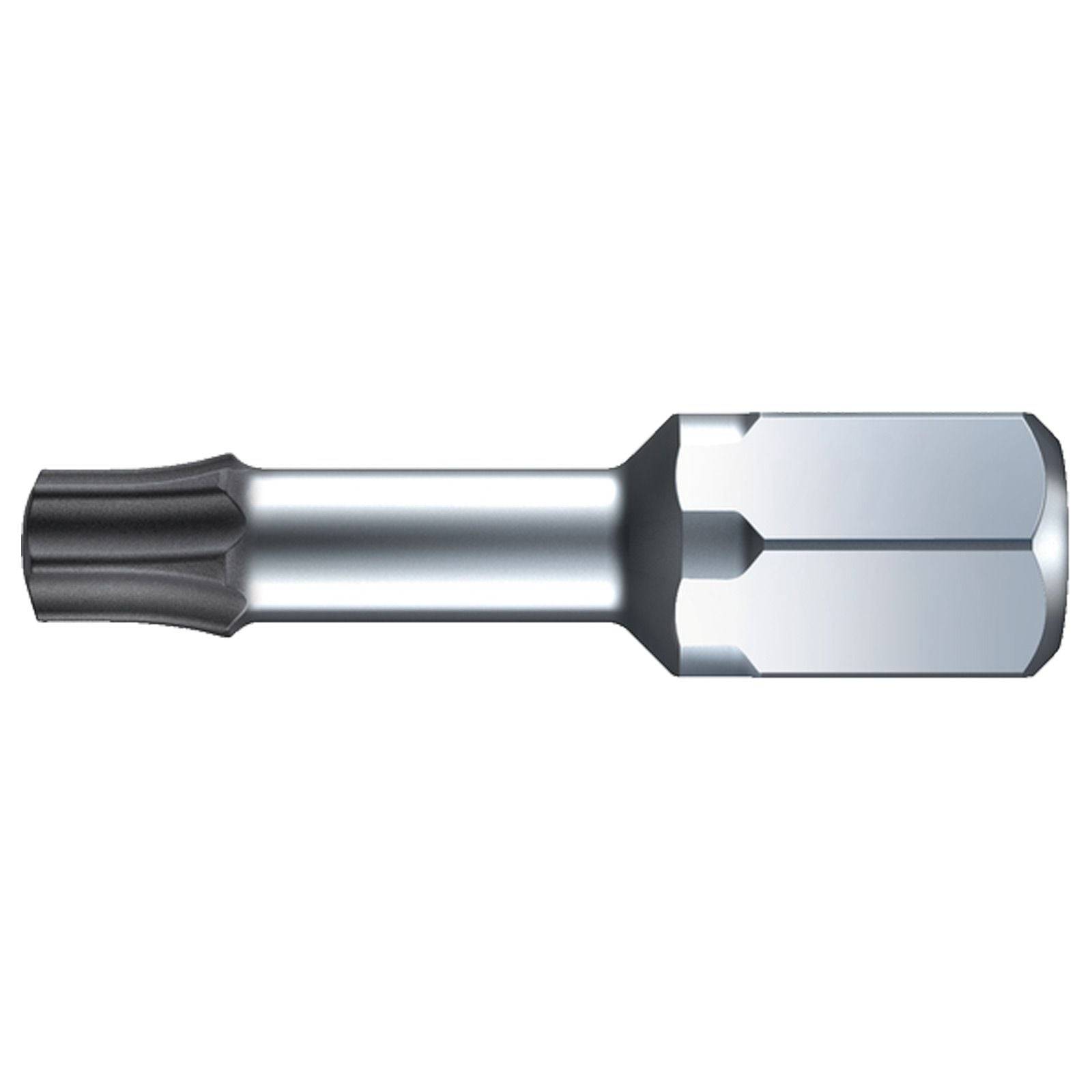 Ein Sechskant-Schraubenbit mit metallischer Oberfläche und einer dunklen, gerillten Spitze.