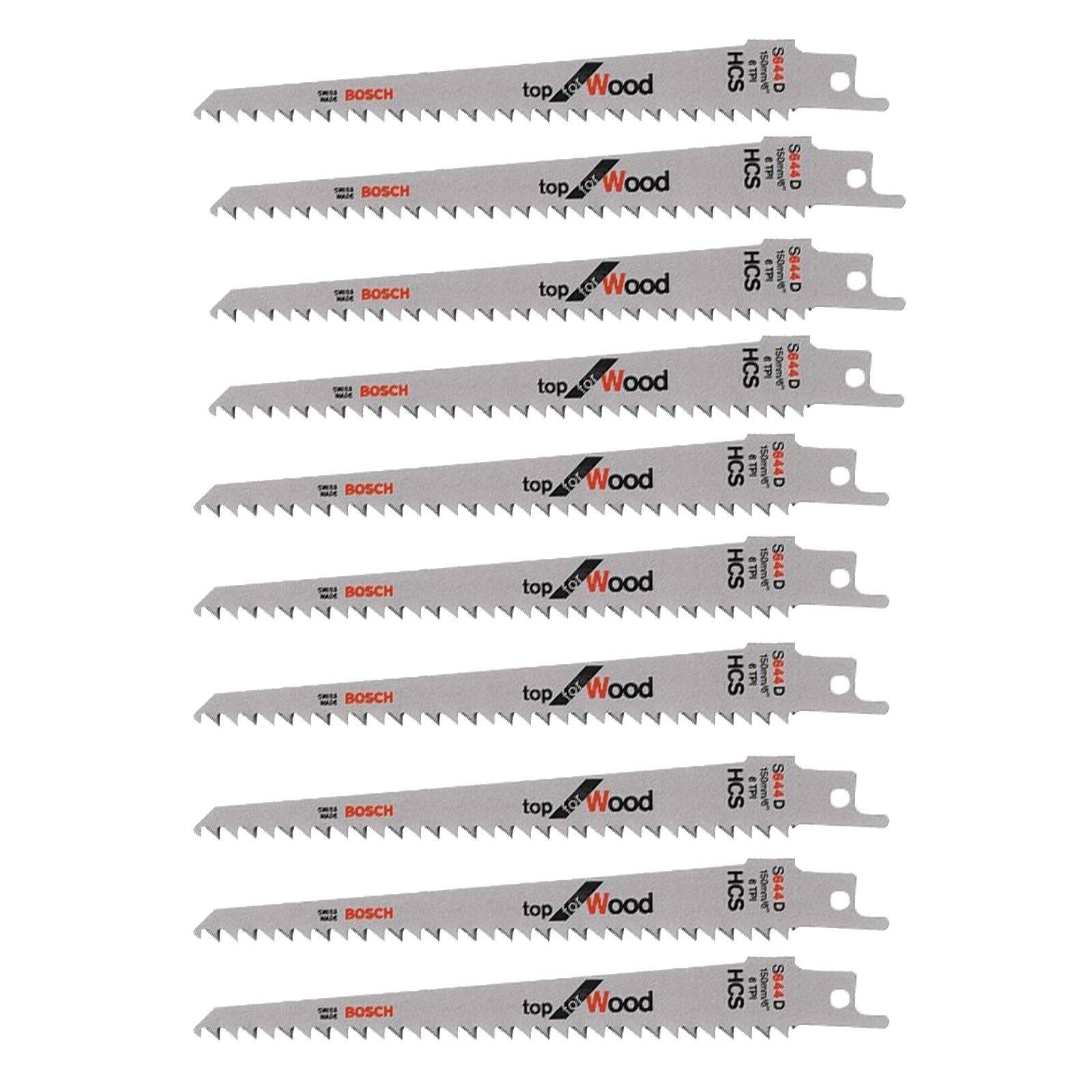 Zehn Bosch-Holzstichsägeblätter, in zwei Spalten angeordnet. Jedes Blatt mit der Beschriftung 'oben für Holz' und 'Bosch HCS'.