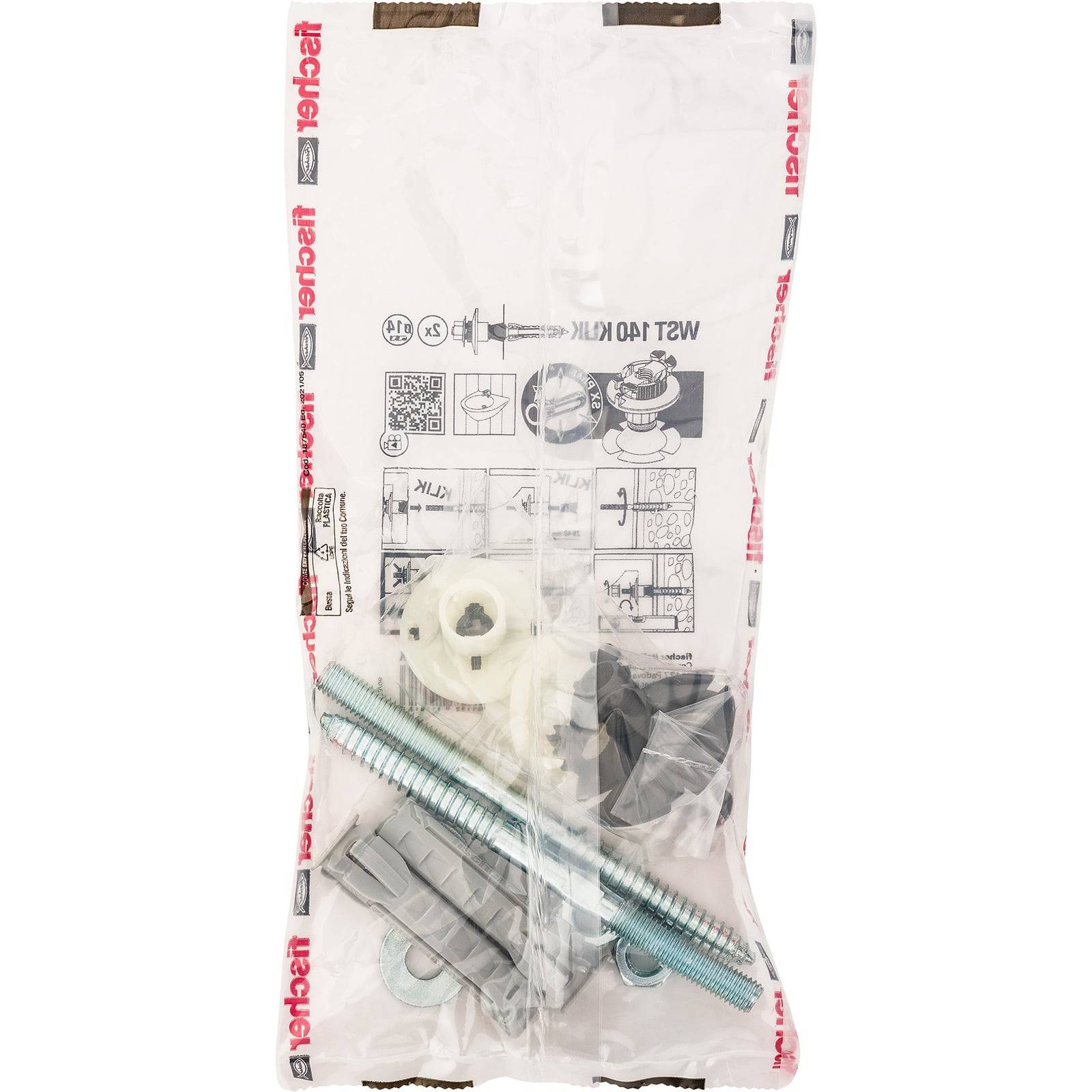 Eine Verpackung mit Schrauben, Dübeln und Installationszubehör, wobei ein Installationsblatt innerhalb der transparenten Plastikverpackung sichtbar ist.
