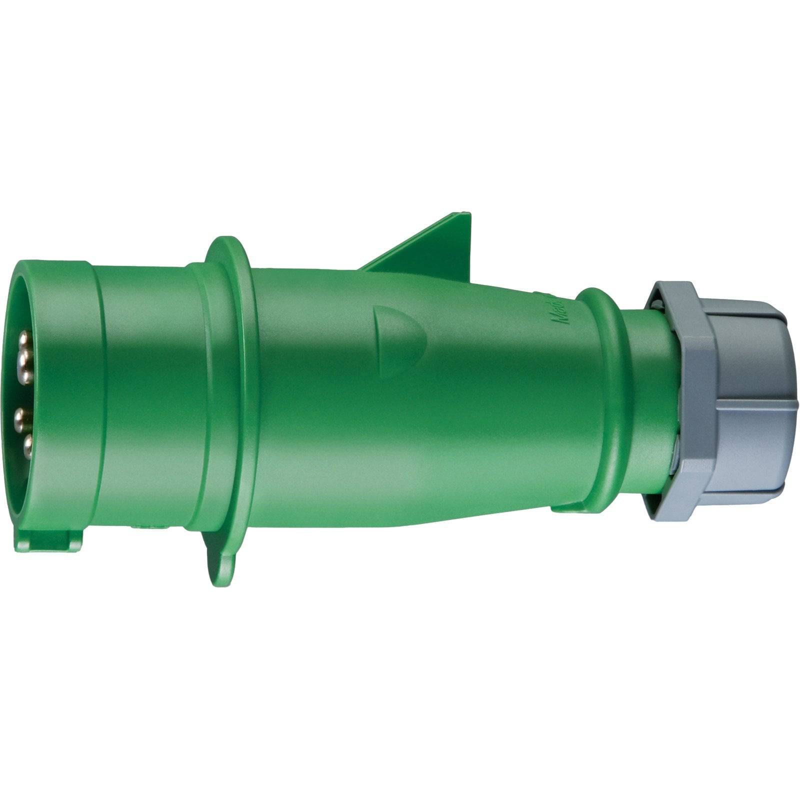 Ein grüner Industriestecker mit drei Stiften und einem blau-grauen Verriegelungskragen, der zum Anschließen von schweren Geräten an Stromquellen verwendet wird.