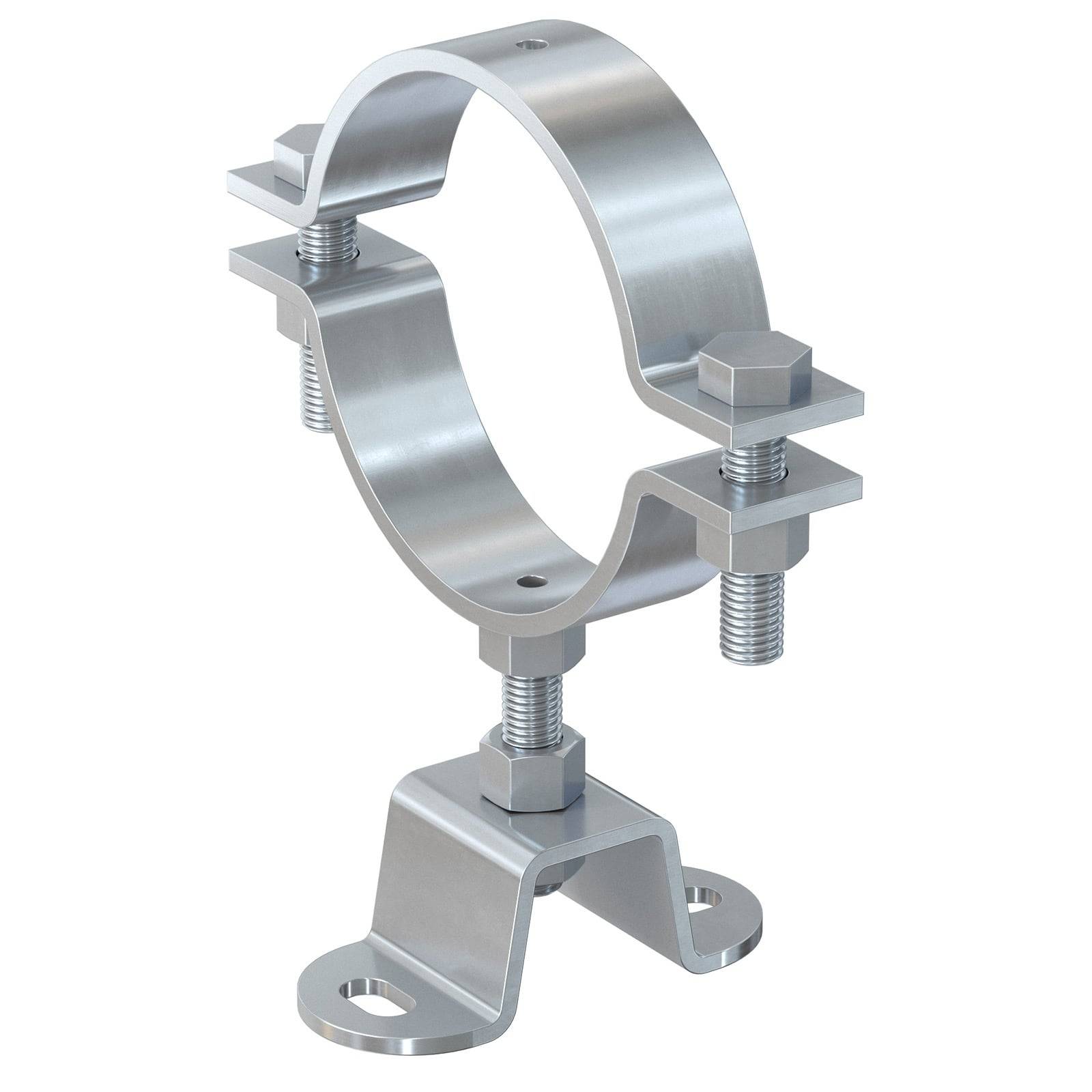Eine Metallrohrhalterungsklemme mit Schrauben, entwickelt zum Befestigen von Rohren an Oberflächen. Besteht aus zwei halbkreisförmigen Komponenten, die durch Schrauben verbunden sind.