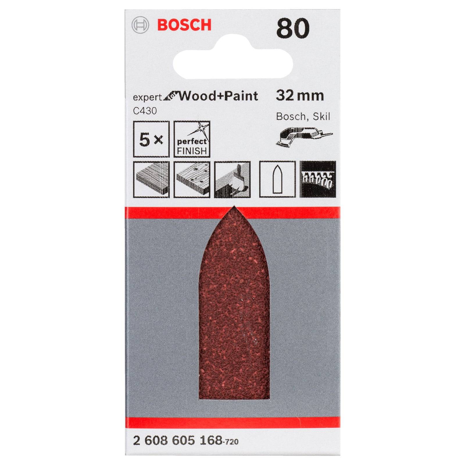 Schleifpapier-Pack für Bosch-Werkzeuge. Enthält 5 rote Schleifblätter, 32 mm, gekennzeichnet für Holz und Farbe mit Bild einer fertigen Oberfläche.