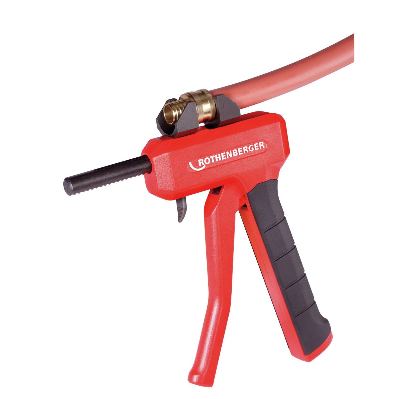 Ein rotes Rothenberger-Werkzeug mit angeschlossener Schlauchleitung, das für Sanitär- oder Heizungsarbeiten verwendet wird und einen schwarzen Griffhandgriff zur Steuerung besitzt.