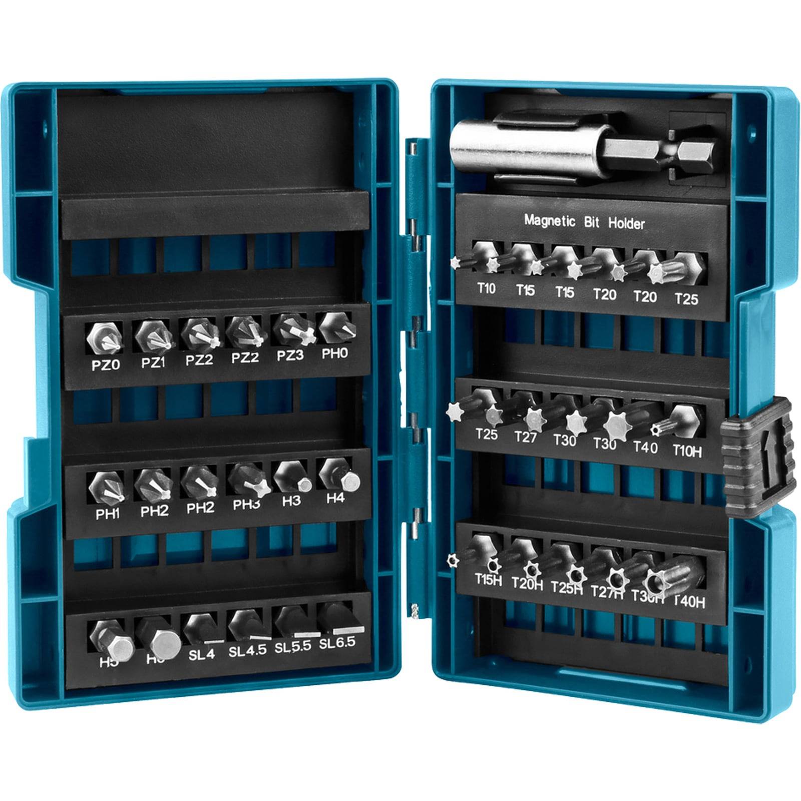 Ein offener blauer Koffer, der einen Satz verschiedener Schraubendrehen-Bits zeigt, die in beschrifteten Fächern angeordnet sind. Enthält Phillips-, Schlitz- und Torx-Bits mit einem magnetischen Bithalter.
