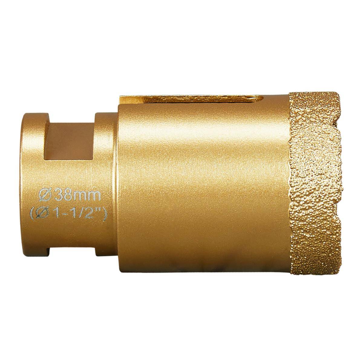 Lochsäge Gold 38 mm mit Pilotleitführung und rauher Schneidkante, auf weißem Hintergrund dargestellt.