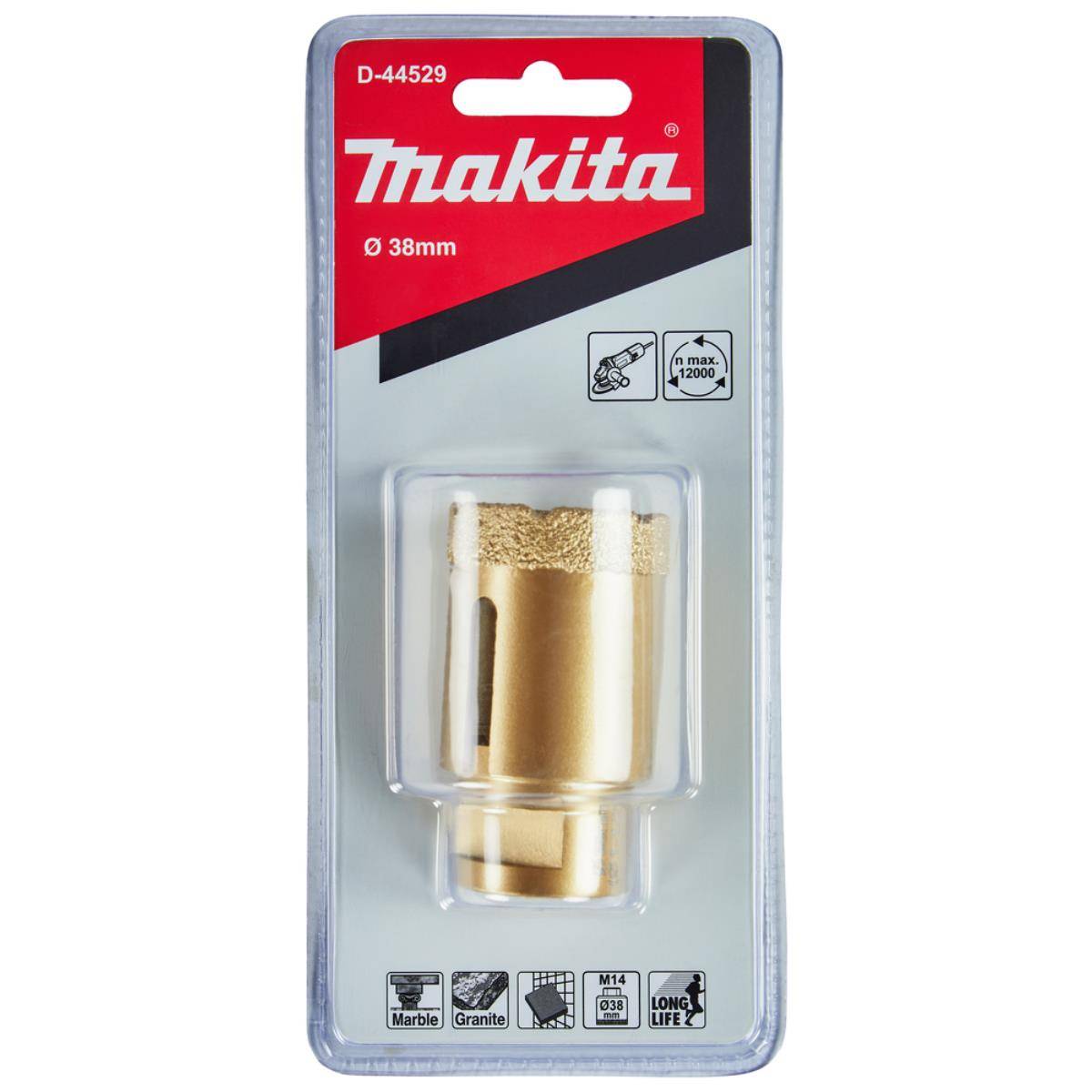 Makita D-44529 38 mm Hartmetall-Lochsäge in Blisterverpackung, gekennzeichnet für die Verwendung bei Marmor und Granit.