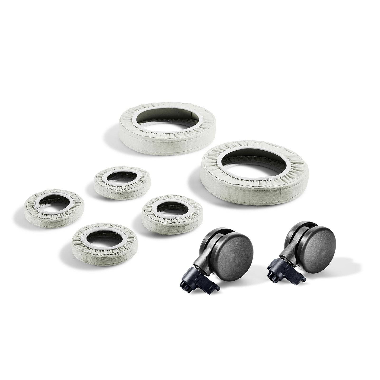 Ein Set von Wäschetrocknerzubehör mit verschiedenen Ringgrößen und zwei schwarzen Radanbringungen, auf einem weißen Hintergrund präsentiert.