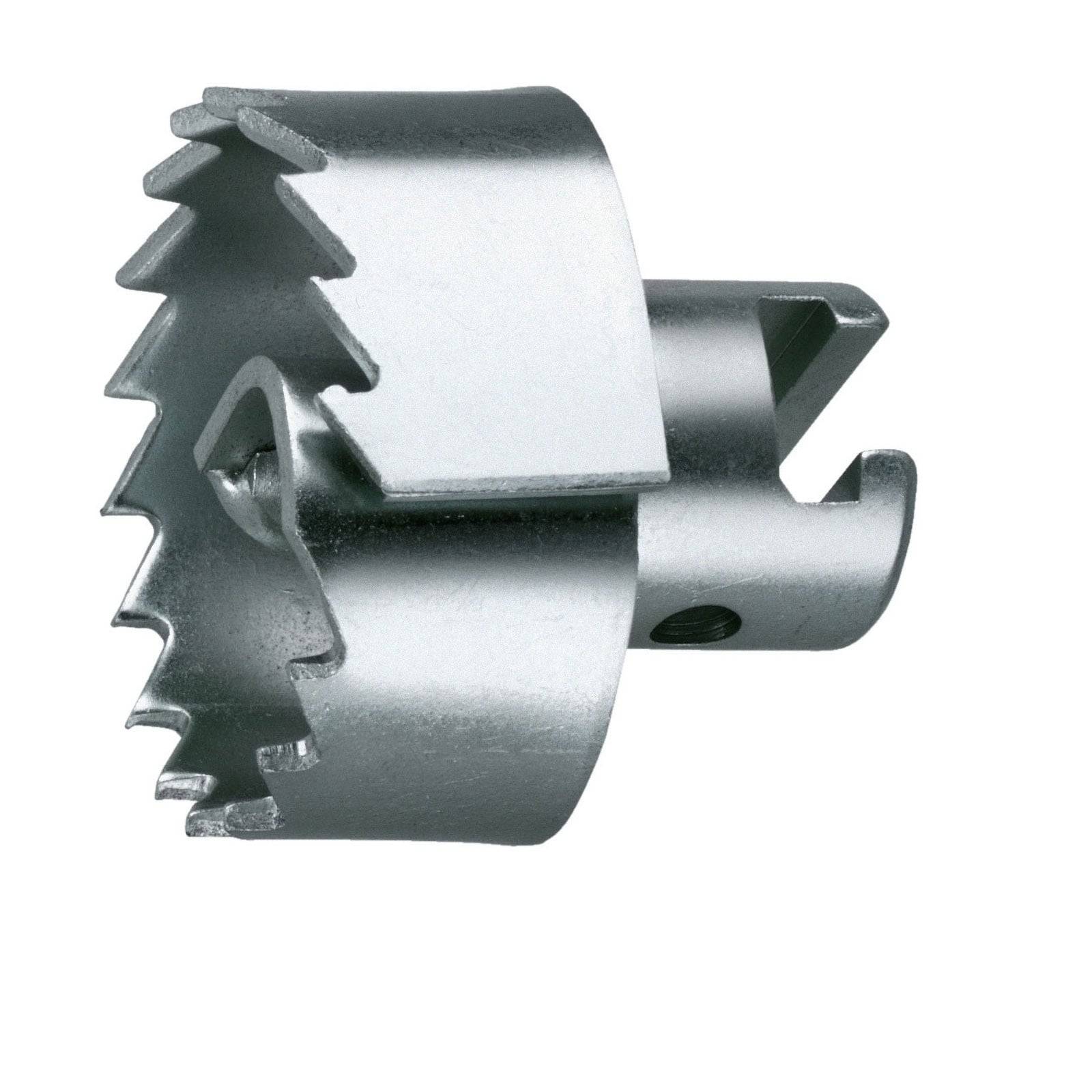 Ein silberner Lochsägebohrer mit scharfen, gezackten Zähnen, entwickelt zum Schneiden von kreisrunden Löchern in Holz, Metall oder Kunststoff.