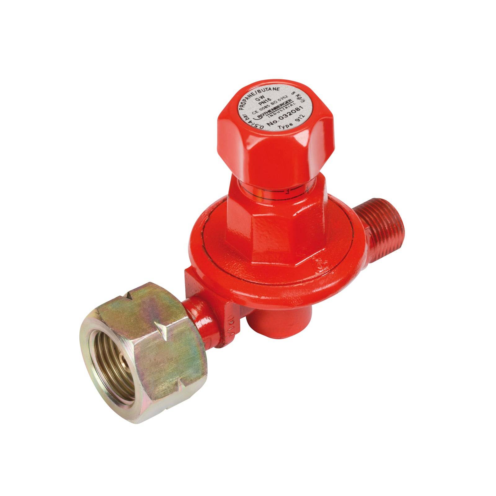 Roter Gasflaschenregler mit Messinganschluss, geeignet für Butan.