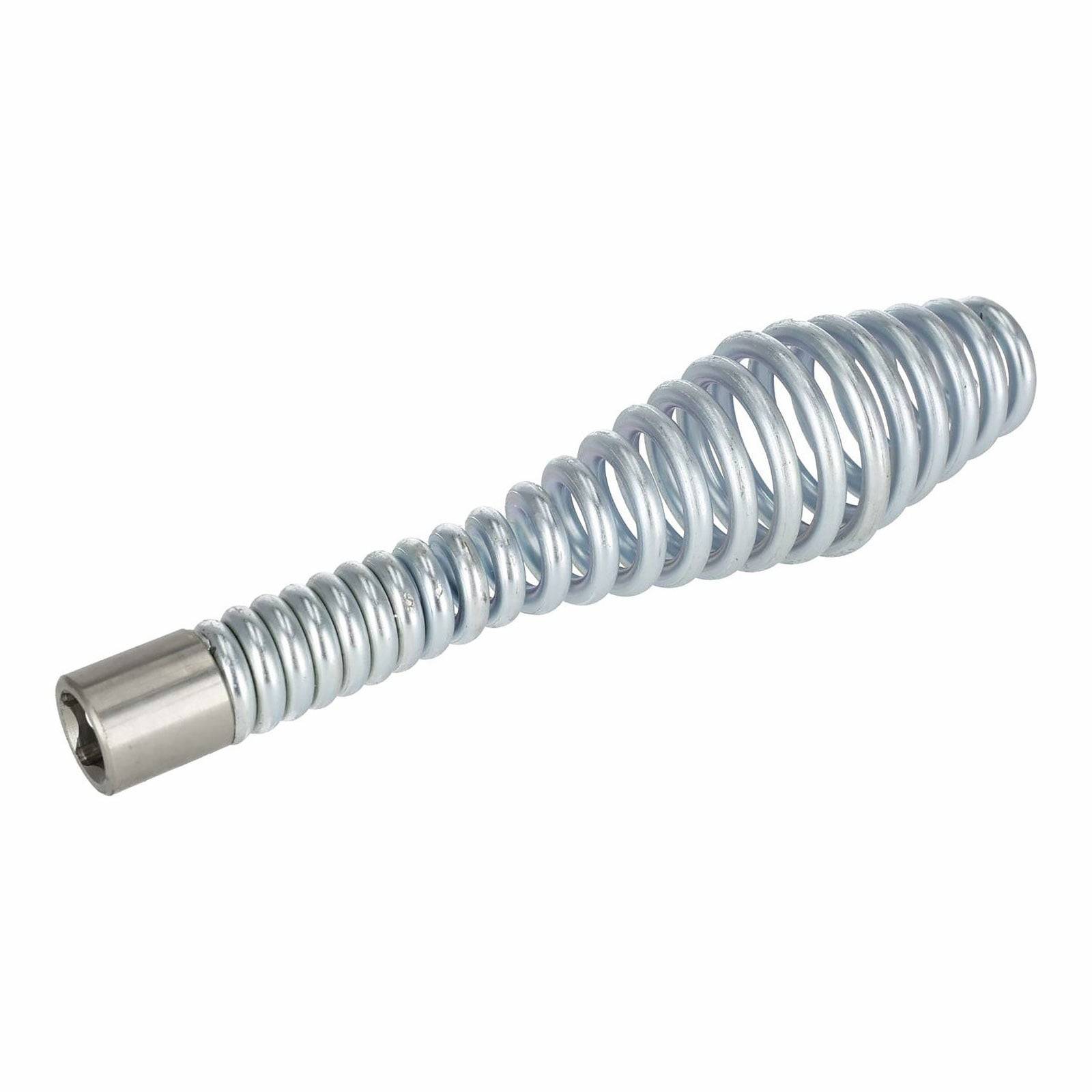 Eine gewickelte Metallfeder mit einem schmalen Ende, das an einer metallischen Zylinderbasis befestigt ist.