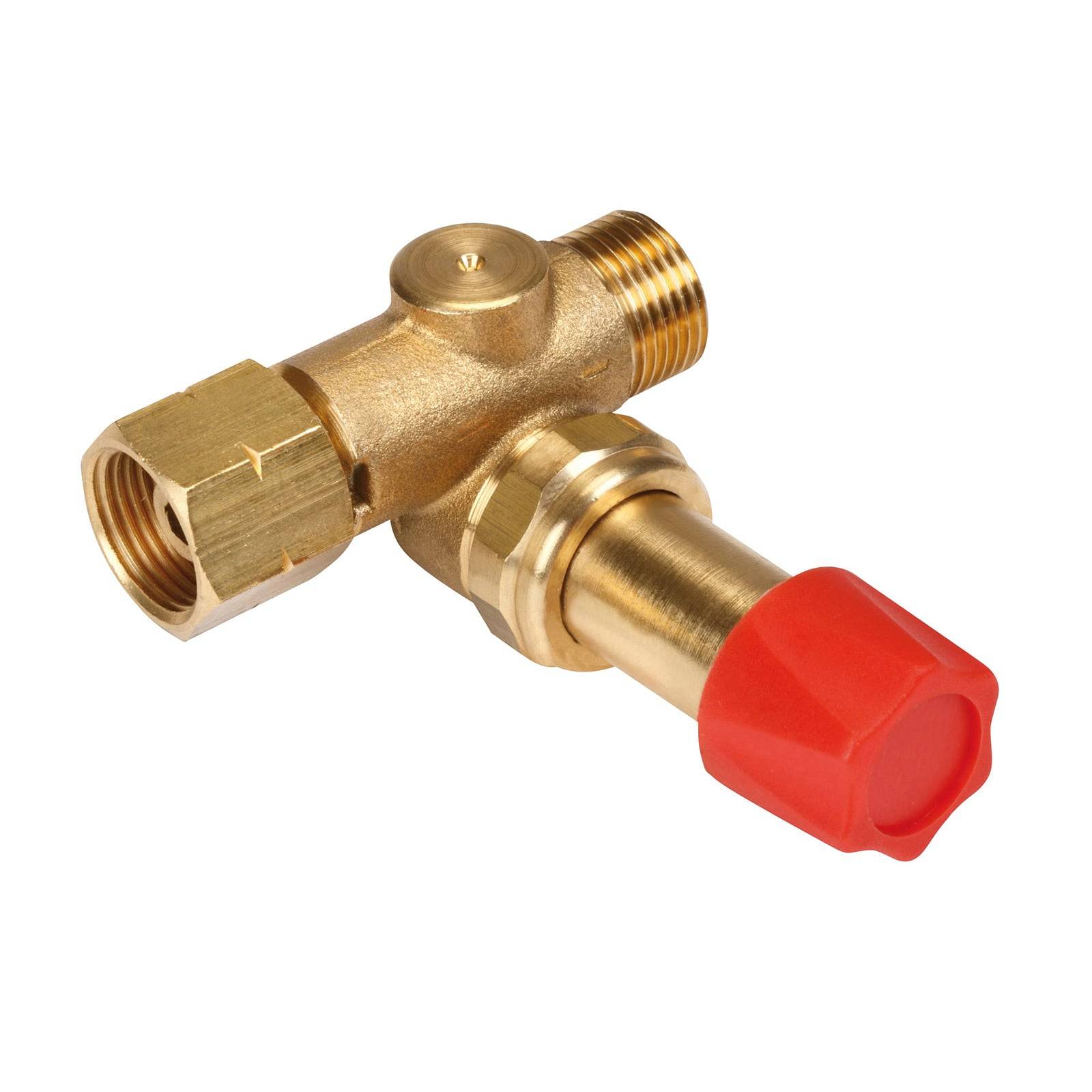 Messingventil mit einer roten Kappe, ausgestattet mit zwei Gewindeanschlüssen und einem sechseckigen Verbinder, verwendet zur Steuerung von Wasser- oder Gasströmung.