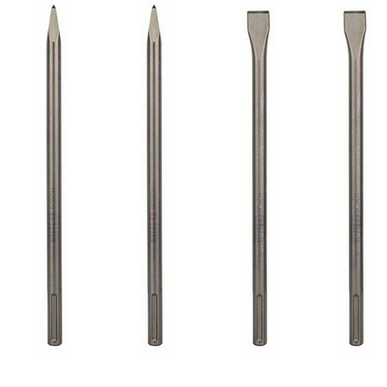 Vier Stahlmeißelbeitel, vertikal ausgerichtet, jeder mit einer anderen Spitzenform, die für Beton-Bruch- und Abbruchtätigkeiten verwendet werden.