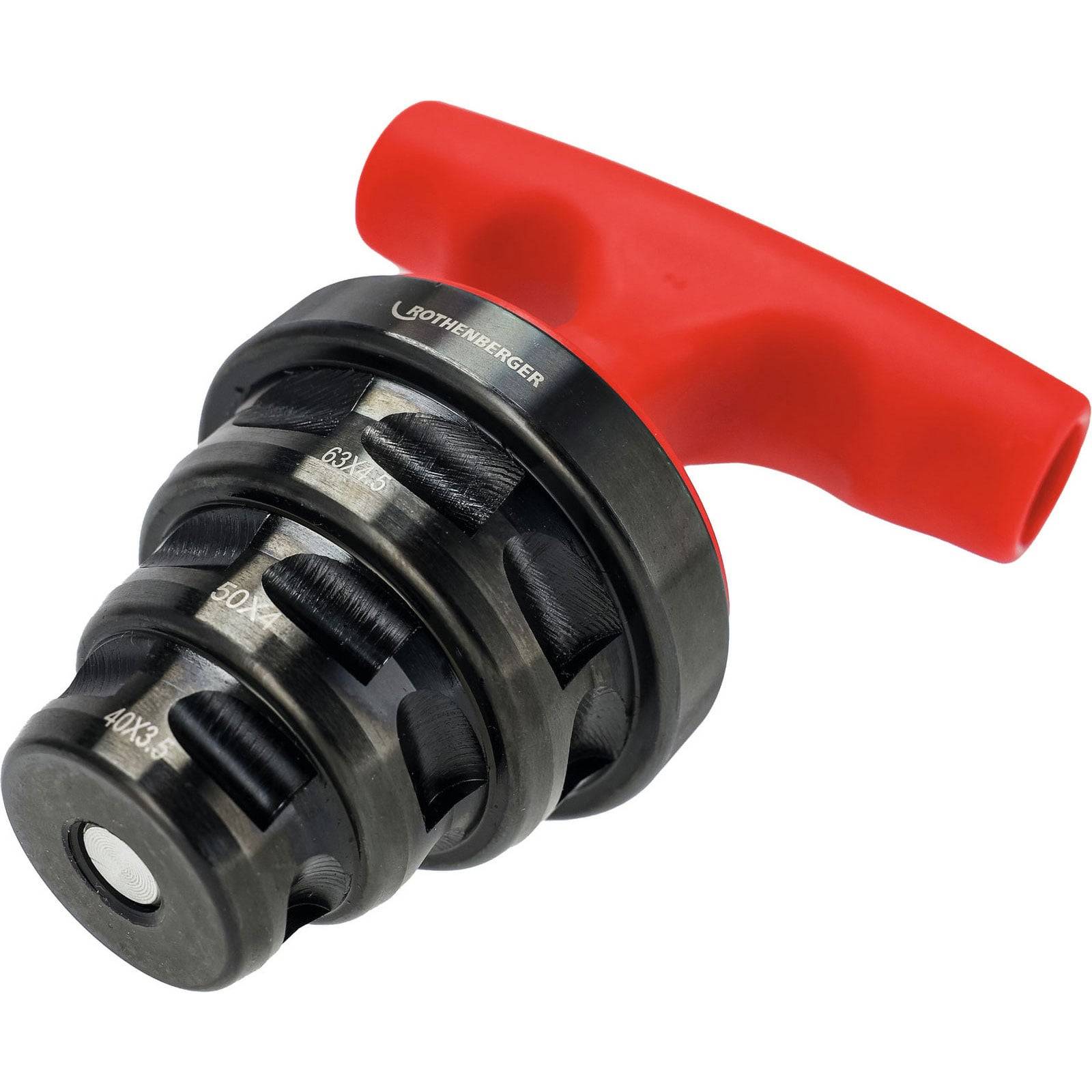 RohrEntgratungswerkzeug 'ROTHENBERGER' mit rotem Griff, entwickelt zum Glätten von Rohrkanten, mit nummerierten Schleifkorngradabstufungen auf seinen Scheiben.