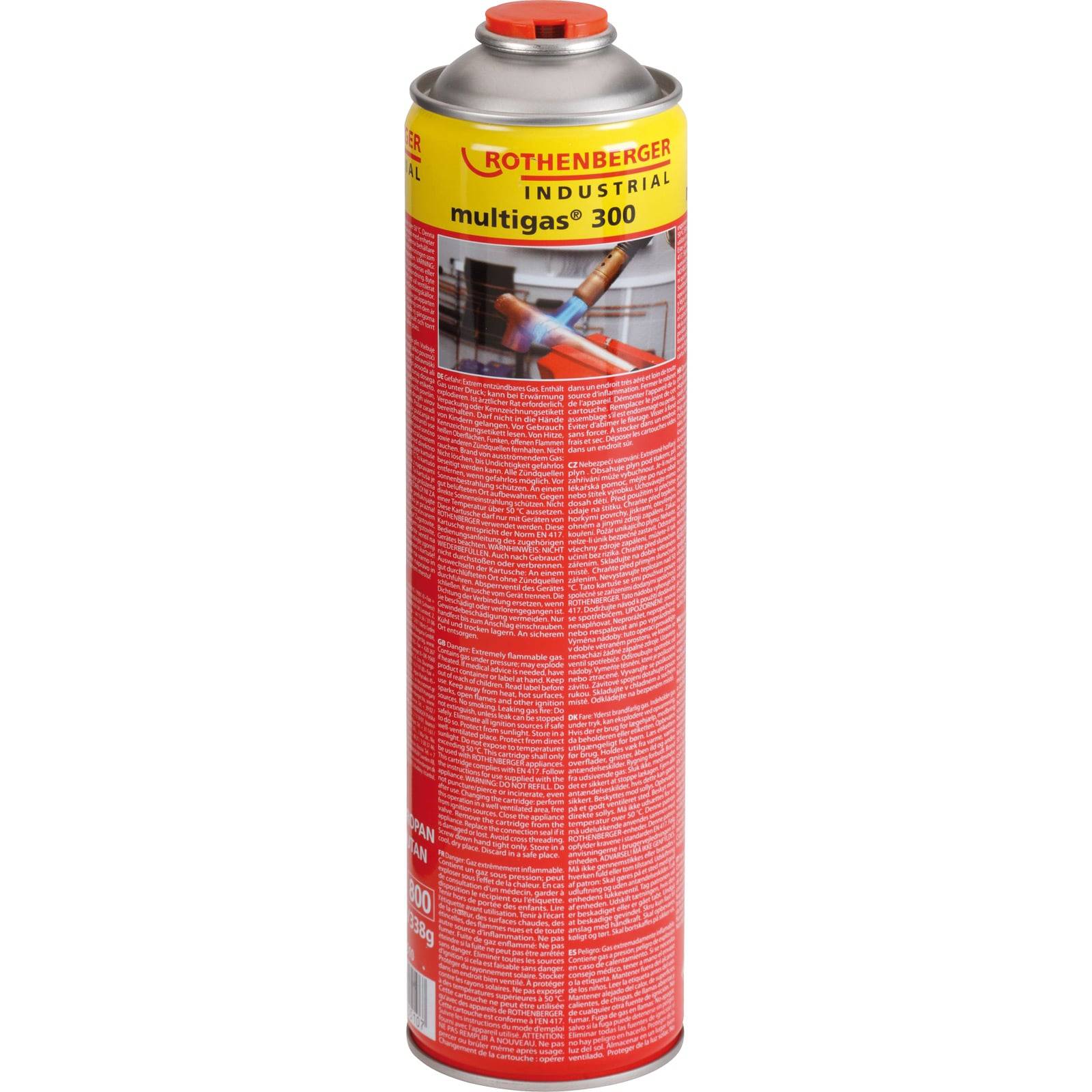Eine rote Rothenberger Industrial Multigas 300 Gasflasche ist zu sehen. Die Gasflasche ist für den Einsatz mit tragbaren Gasbrenner konzipiert.