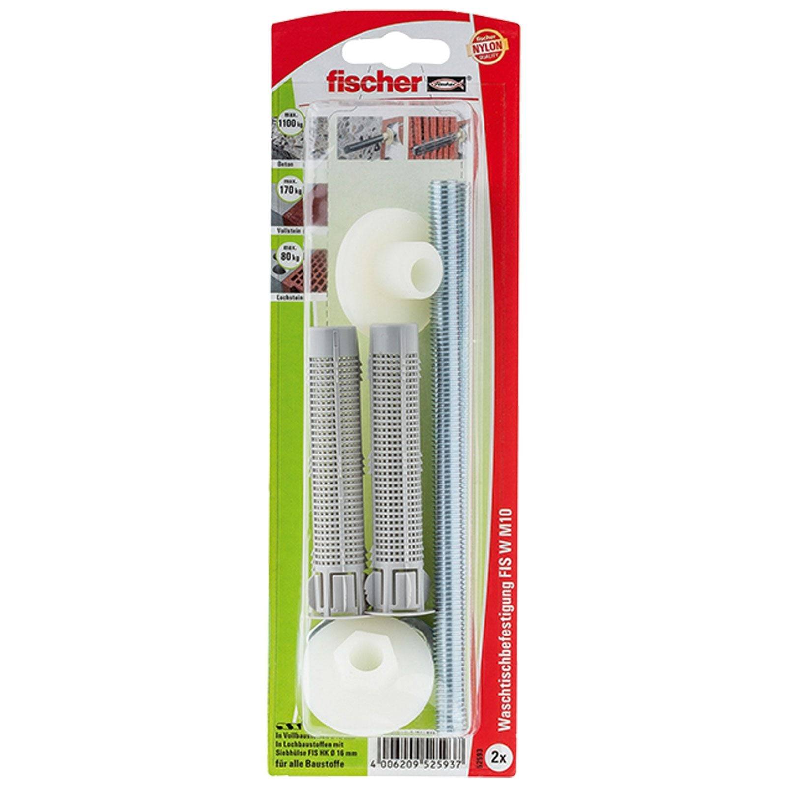 Blisterpackung mit zwei Wandanker-Sets mit Stangen und Muttern von Fischer, gekennzeichnet für Schwerlastanwendungen in Beton- und Ziegeloberflächen.