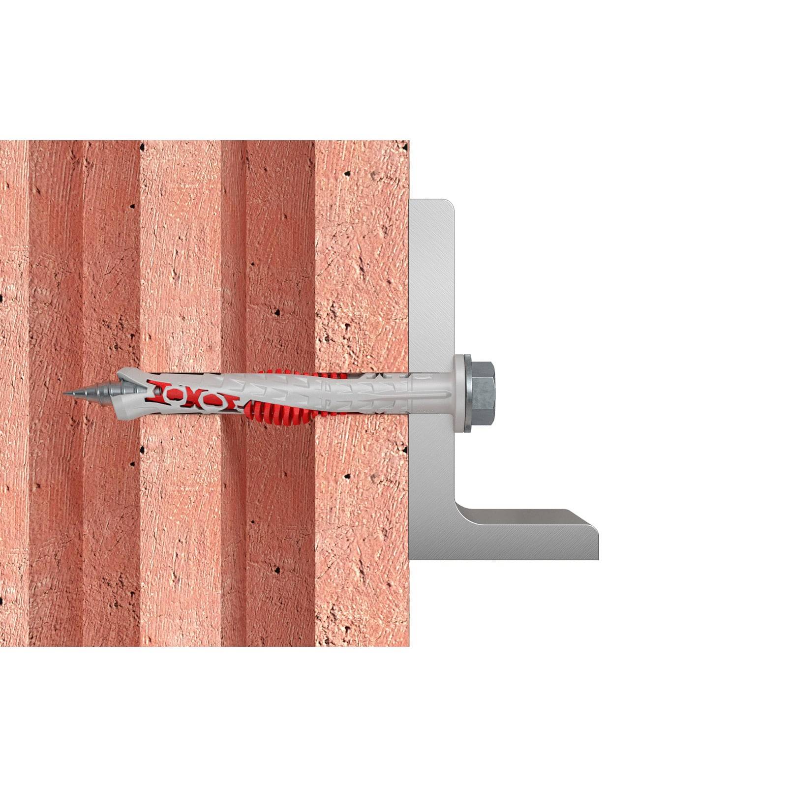 Eine Illustration zeigt einen Ankerbolzen, der teilweise in eine Ziegelwand eingelassen ist und dessen Installationsprozess und Wandbefestigung demonstriert.