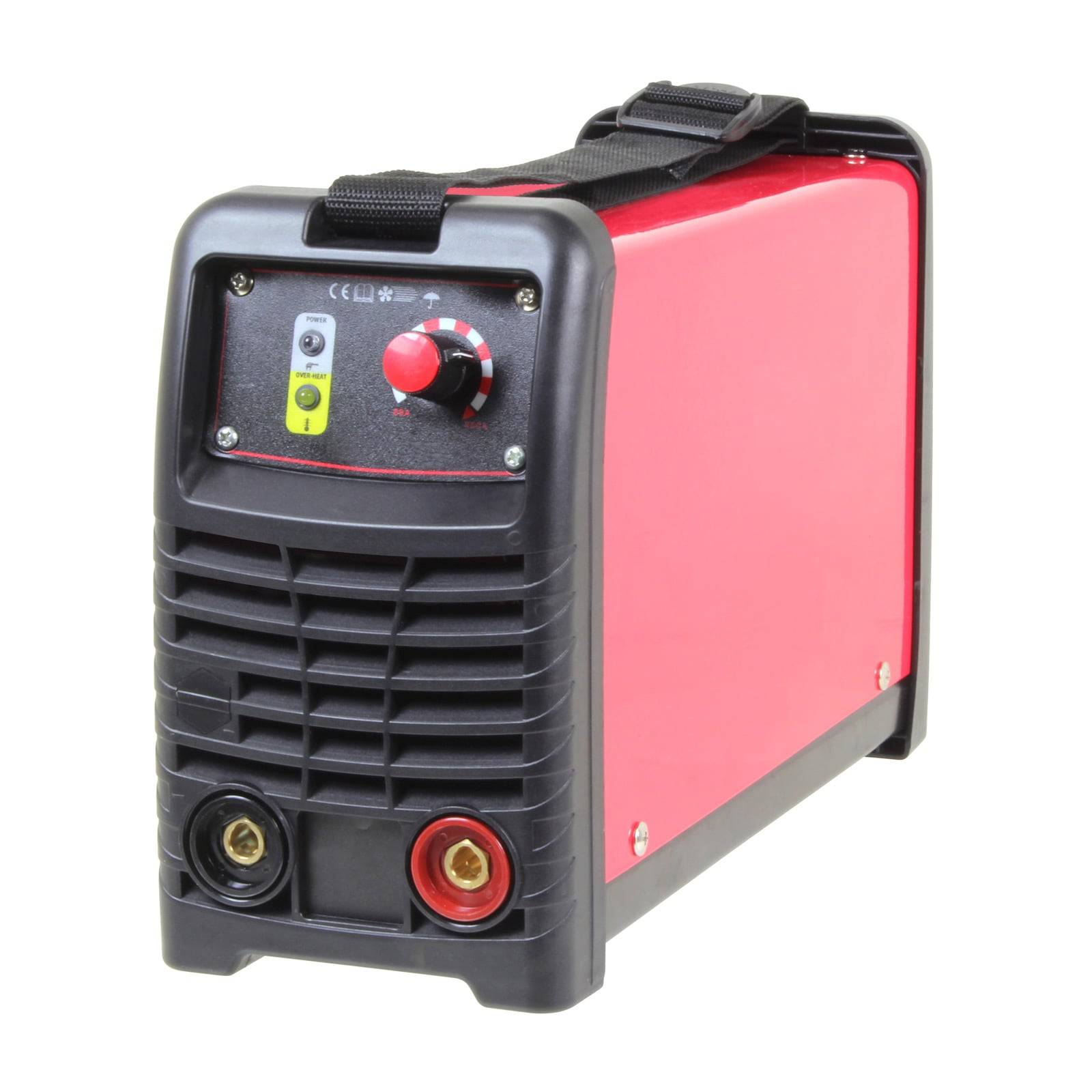 Ein roter tragbarer Generator mit einer schwarzen belüfteten Frontseite, Einstellungswahlschalter und elektrischen Anschlüssen am Boden, ausgestattet mit einem verstellbaren Trageriemen.