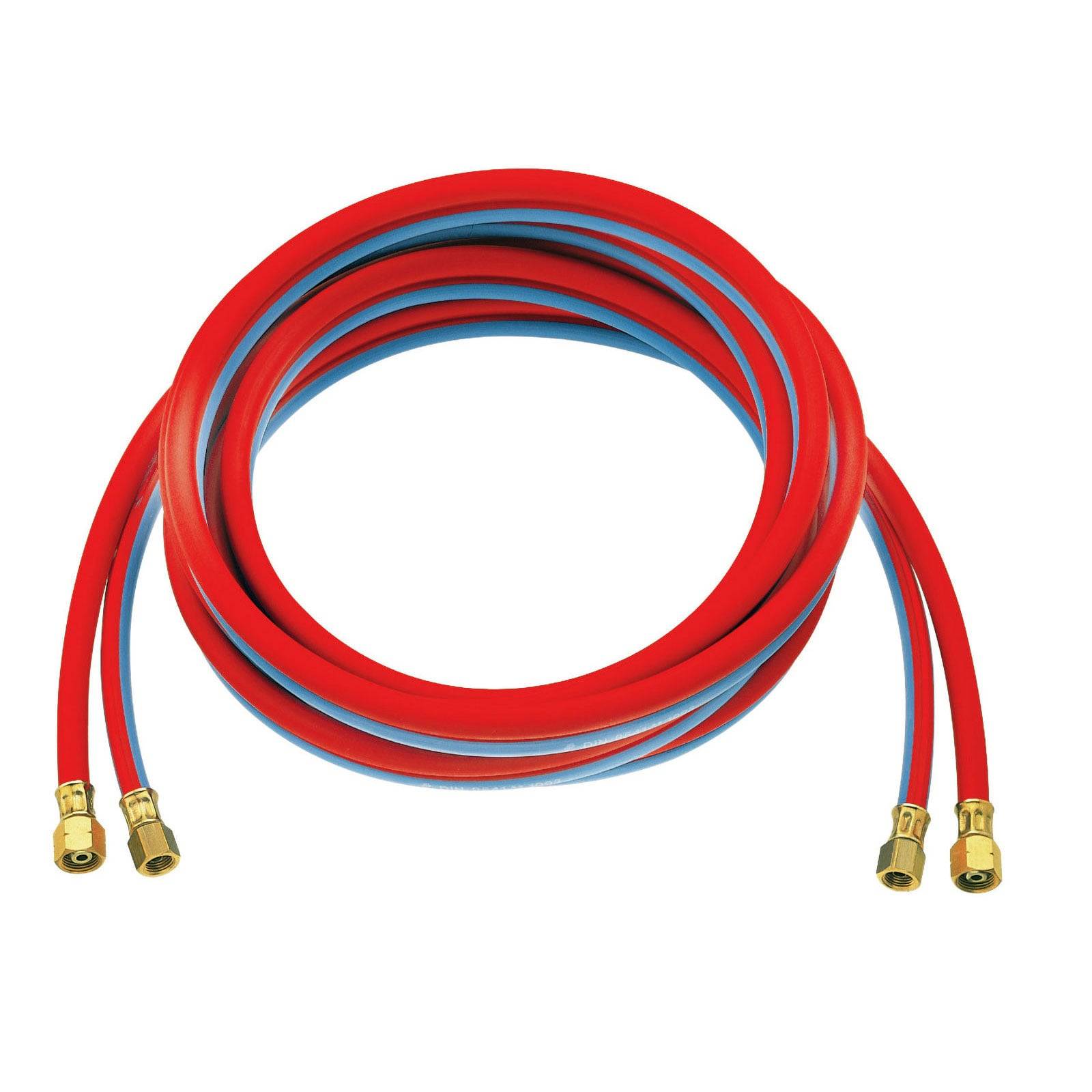Rote und blaue gewickelte Gummischläuche mit Messinganschlüssen, die für Kühl- oder Klimaanlagen verwendet werden.
