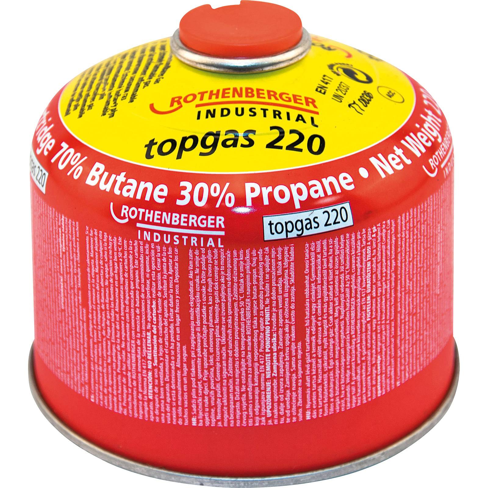 Eine rote und gelbe Rothenberger Industrial Gaskartusche mit der Aufschrift 