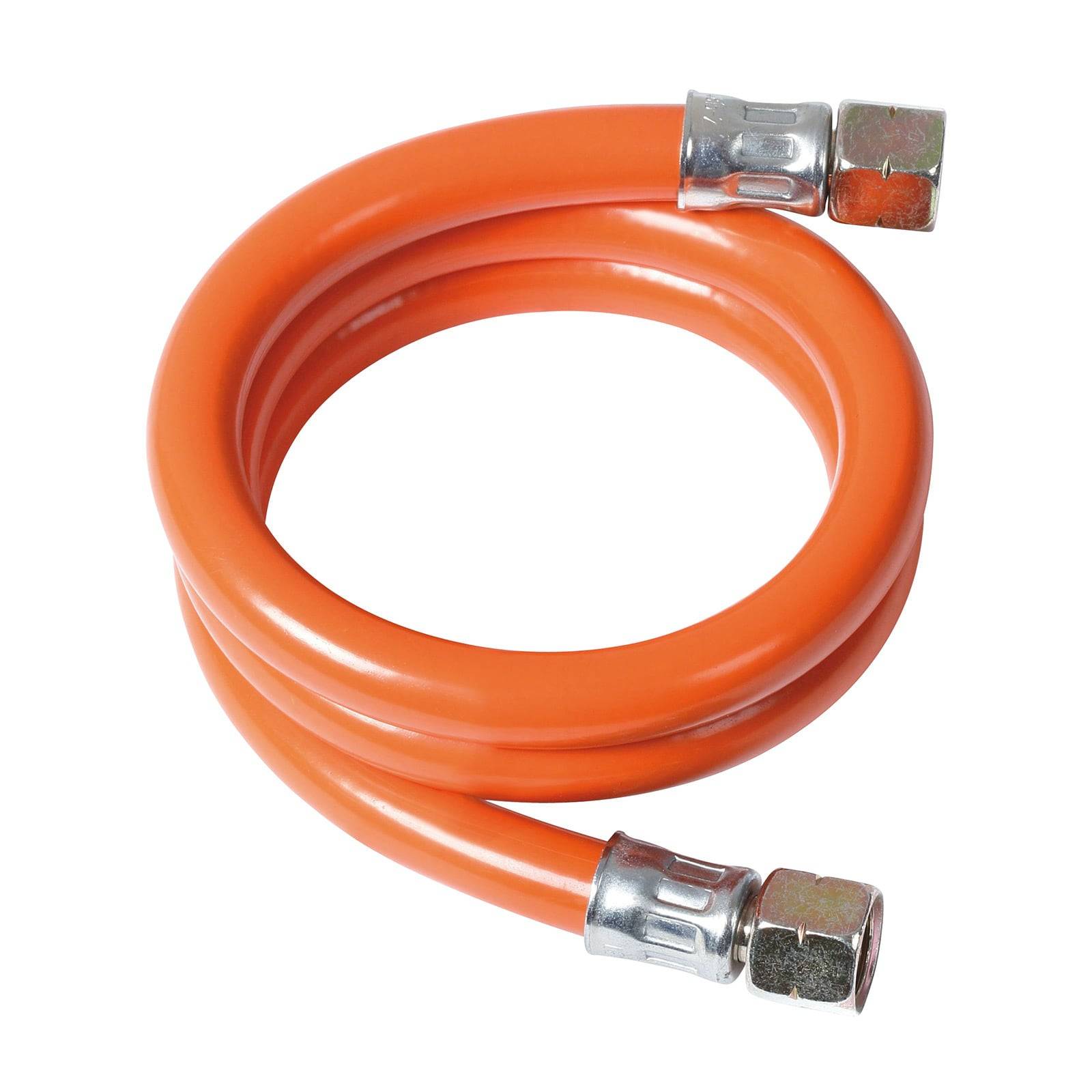 Orange Schlauch sauber aufgerollt, mit Metallverbindern an beiden Enden, geeignet für Sanitär- oder Gasanschlüsse.