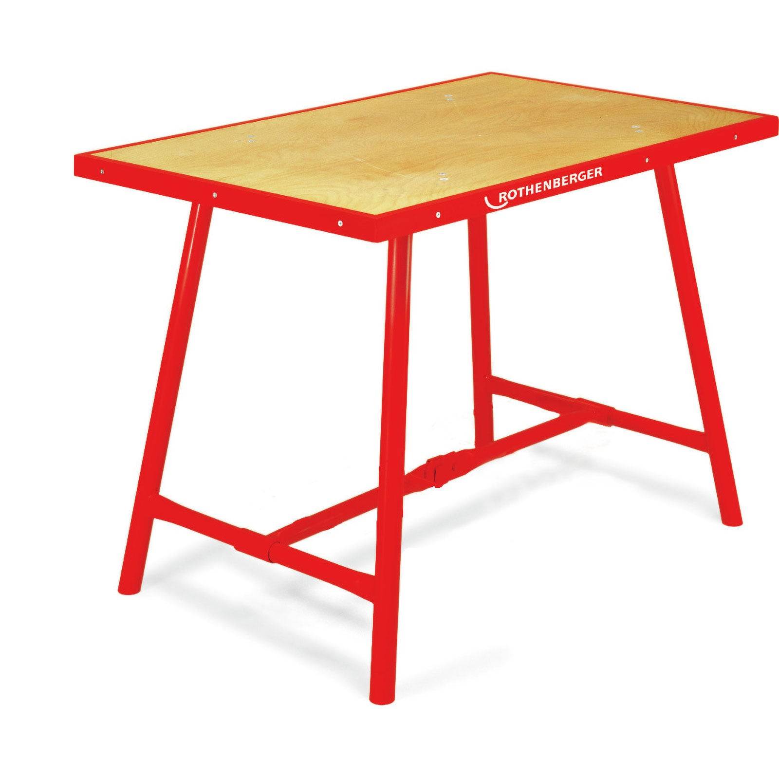 Eine rote und hölzerne Werkbank mit vier Beinen, an der Seite mit der Marke 'ROTHENBERGER' versehen, steht vor einem weißen Hintergrund.